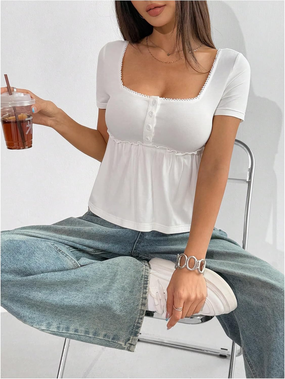 SweatyRocks Women's Short Sleeve Square Neck Ruffle Peplum Fitted Top Button Front Simple Trendy Flowy Tees Shirt - Image 4