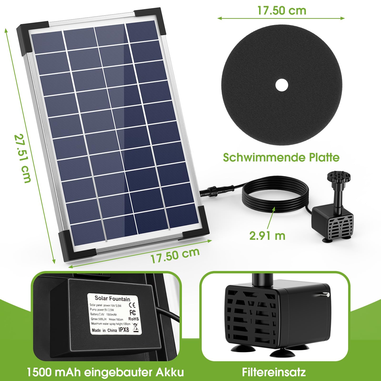 AISITIN Solar Springbrunnen 5.5W Solar Teichpumpe mit Solar Panel Eingebaute 1500mAh Batterie Wasserpumpe Solar Schwimmender Fontäne Pumpe mit 6 Fontänenstile für Garten, Vogel-Bad