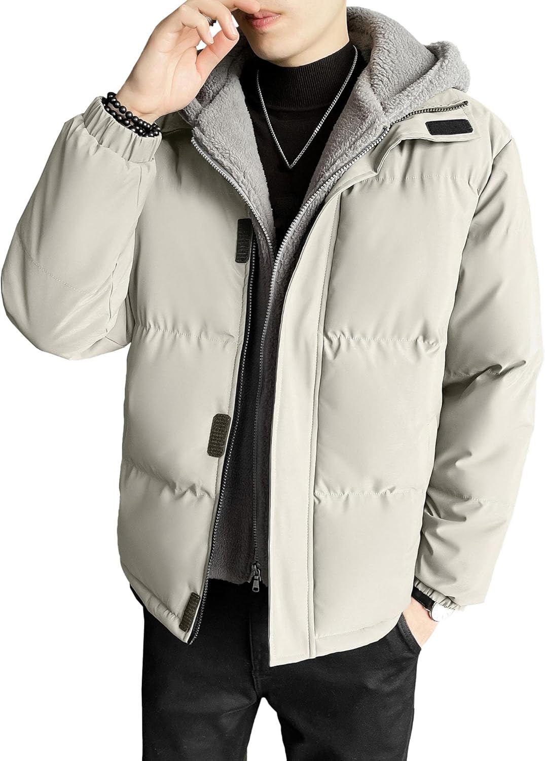 Men's Fake Two Piece Puffer Jacket Hooded Zip Up Polar Fleece Winter Coats Thicken Warm Quilted Padded Outwear
