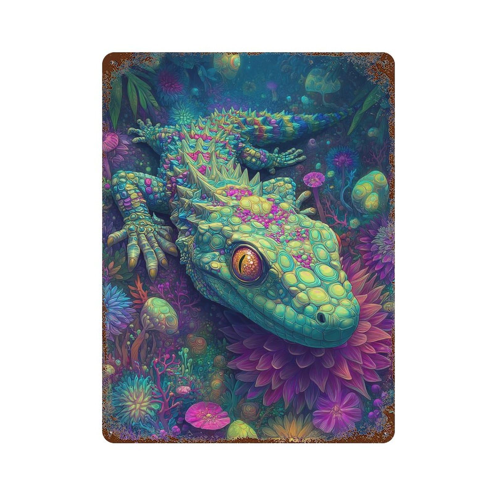 Garage Style Fantasy Lizard in Amazon Rainforest-1 Distressed Metal Wall Sign 15.7"x11.8", Shabby Chic Decor for Bar And Workshop