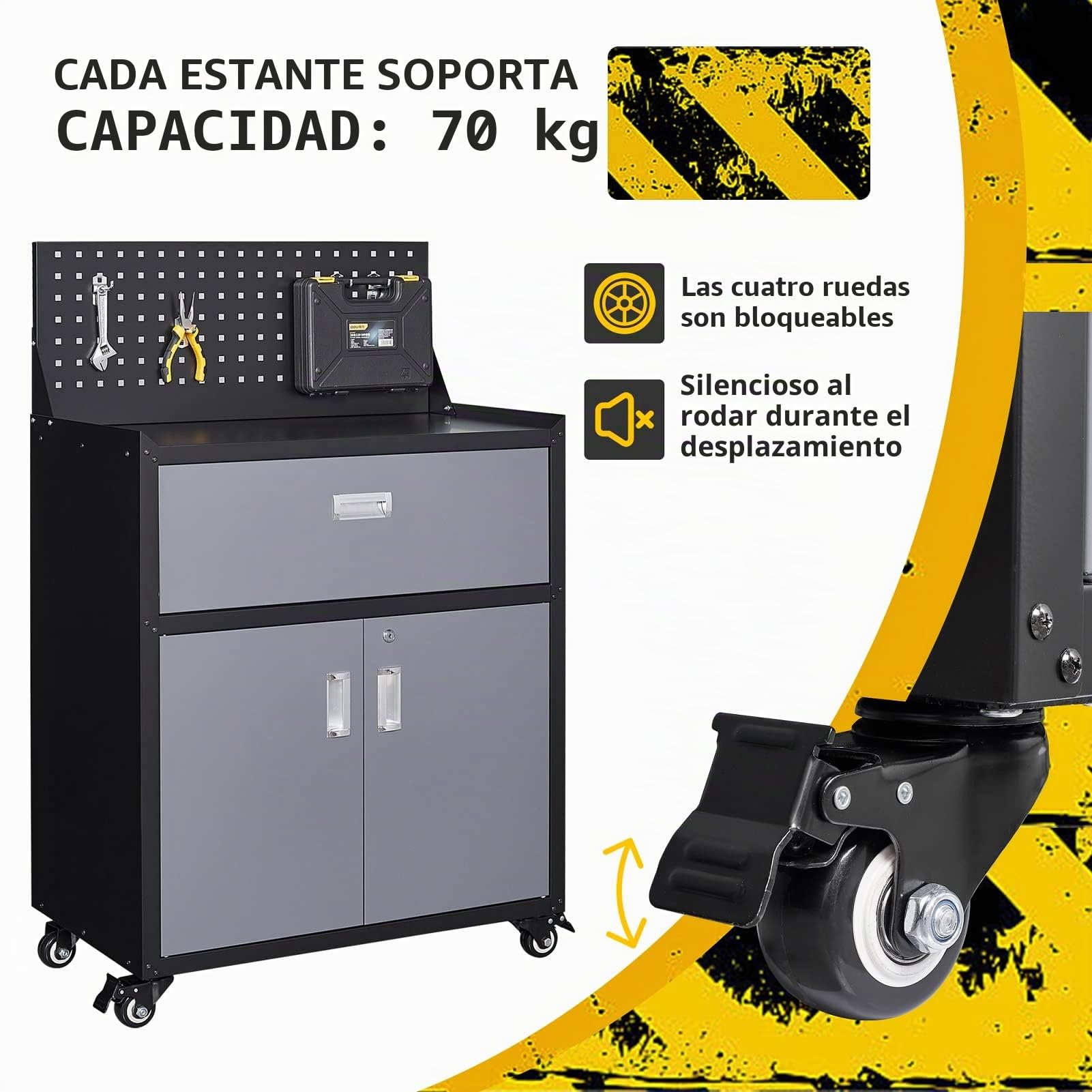 Sightlife Armario de Herramientas con Ruedas Armario de Garaje con 1 Cajón y 2 Puertas con Cerradura, Arcón de Garaje Ideal para Herramientas y Accesorios