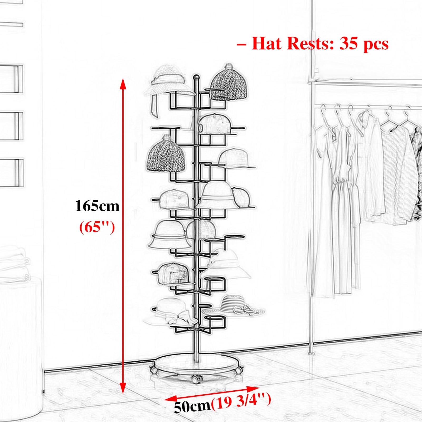 Casco Obra Estante de Almacenamiento para Sombreros de 5/6/7 Niveles con Base, Organizador de Gorras de Béisbol / Vaquero / Pelucas Movible, Expositor de Gran Capacidad para Tiendas Minoristas(White,H