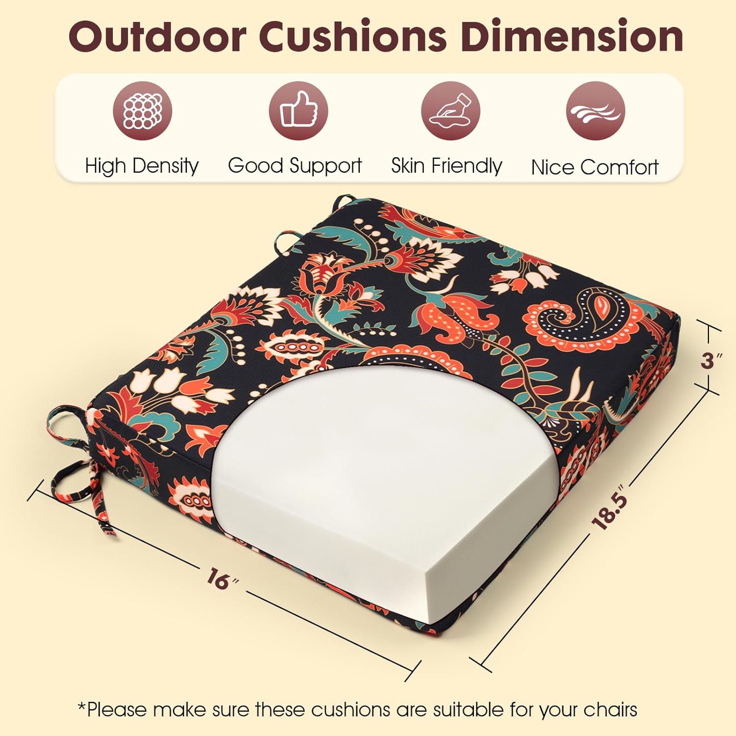Outdoor Chair Cushions Set of 4 Fade Water Resistant, Patio Furniture Cushions with Non-Slip Ties,Square Cushions for Outdoor Furniture and Lawn Dining Chairs, 18.5 x 16 x 3, Black Floral