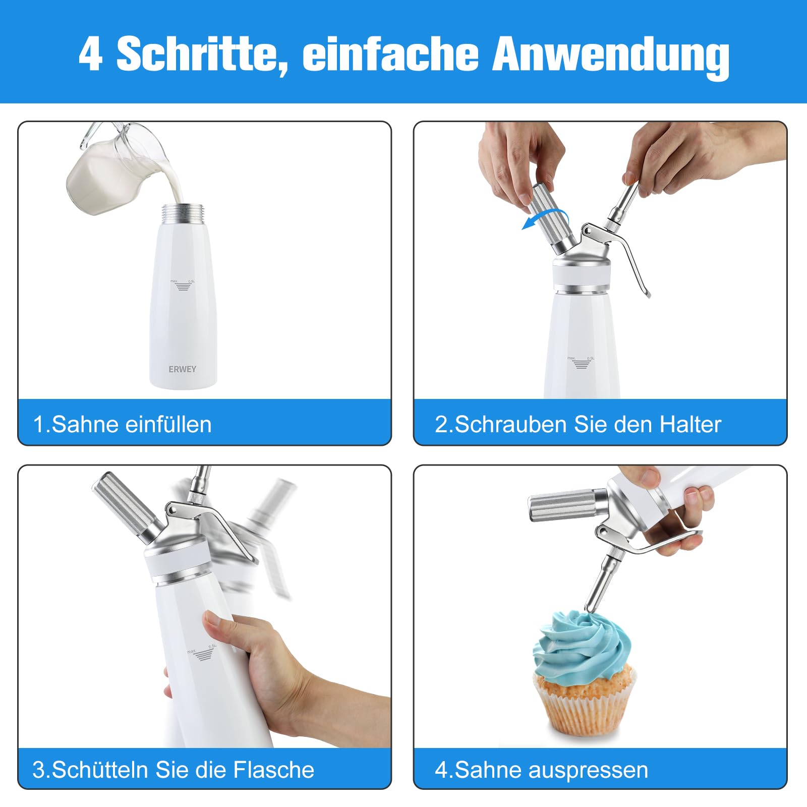 ERWEY Sahnespender 500ML, Sahnesyphon Aluminium, Sahnesprüher Auslaufsicherer Einfach Reinigen mit 3 Tüllen und 1 Reinigungsbürsten, Schlagsahne Spender für Küche Party Desserts