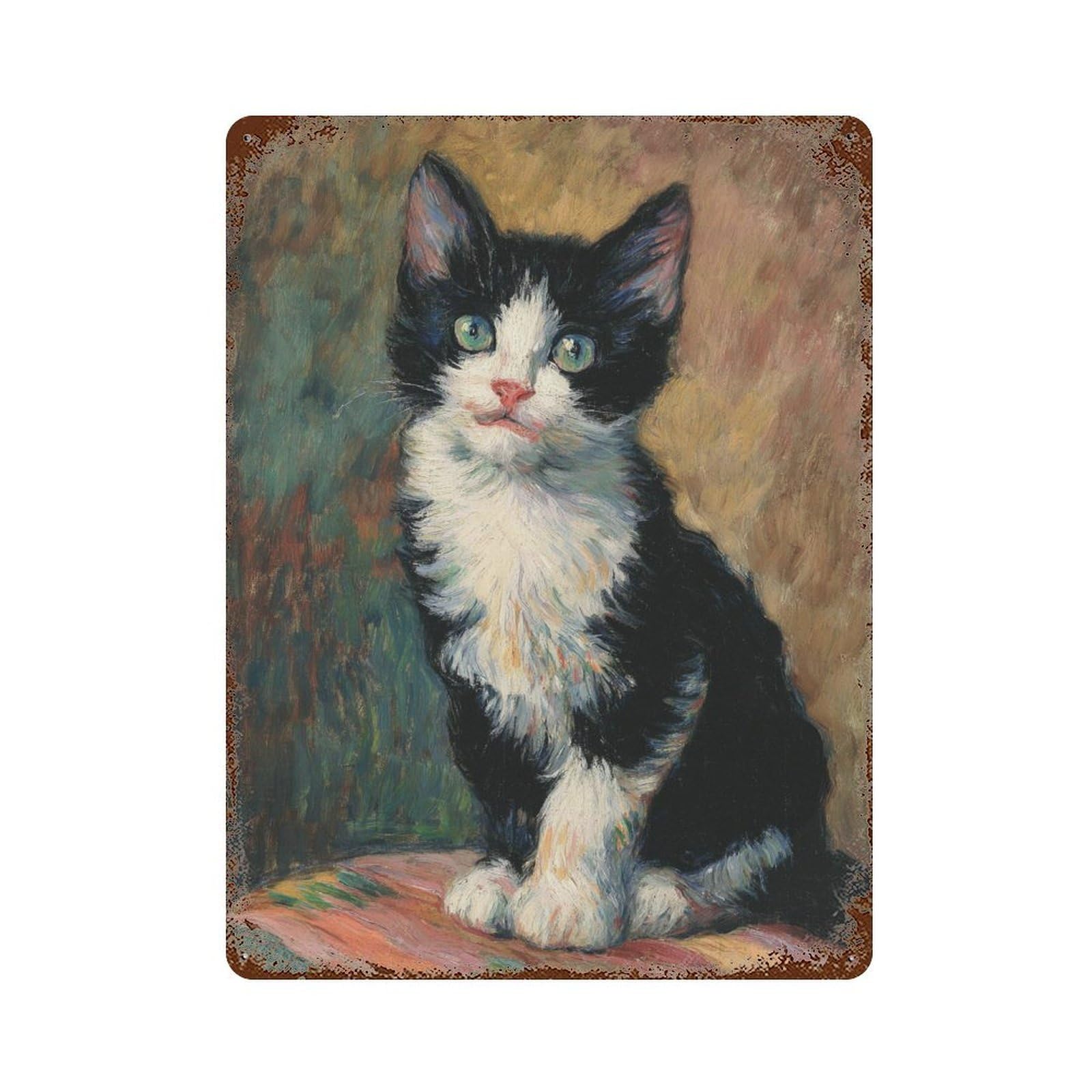 Weathered Tin Sign with Black And White Kitten Painting Design 15.7"x11.8", for Garage, Bar And Workshop Decor, Decorative Metal Wall Art