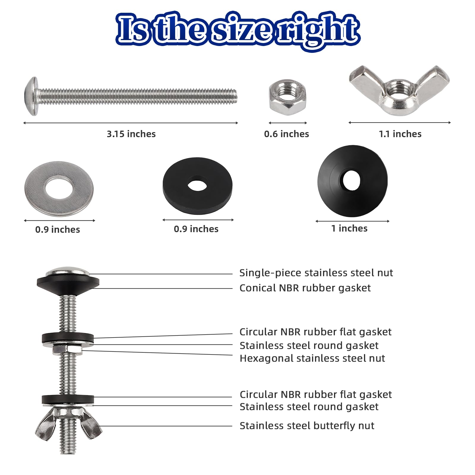 Kit universal de juntas y pernos de tanque de inodoro a tazón, 2 juntas de tamaño (2 y 3 pulgadas) y 2 juegos de pernos inoxidables de acero inoxidable de 5/16 x 3.15 pulgadas, kit completo de