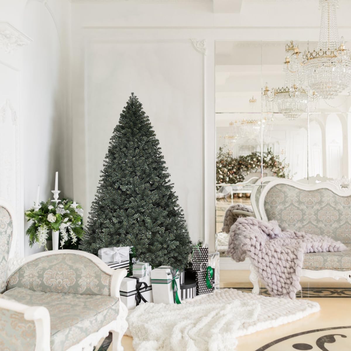 HAPPYGRILL 4.5FT Pre-Lit Artificial Christmas Tree, Auto-Spread Premium Spruce Hinged Tree with 200 LED Lights and Solid Metal Stand, 398 Branch Tips UL-Certified