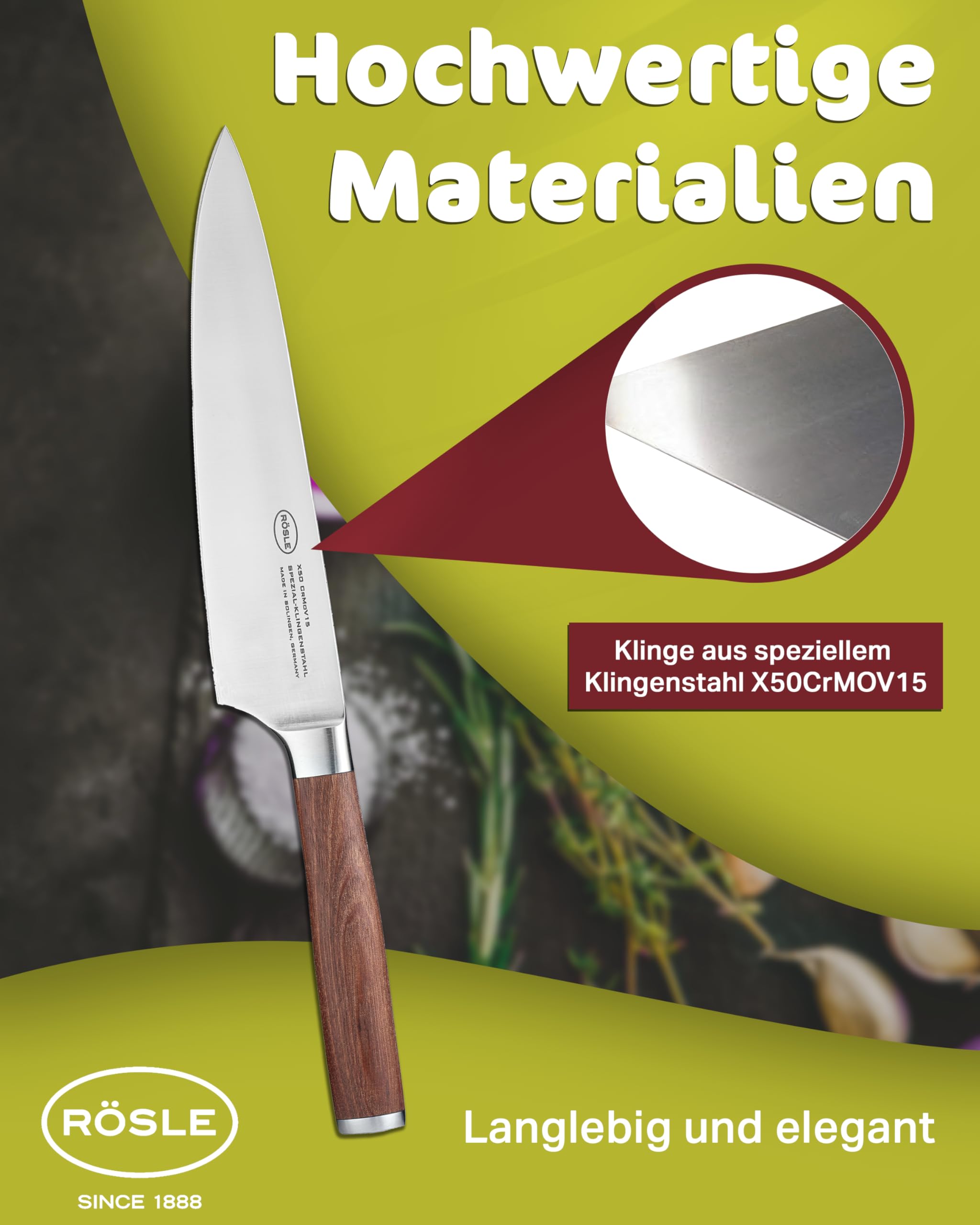 RÖSLE Kochmesser Masterclass 20 cm - Hochwertiges Küchenmesser zum Schneiden von Fleisch, Fisch, Geflügel und Gemüse, ein scharfes Schneidemesser mit ergonomischem Griff aus Walnussholz | Klinge aus X50CrMOV15 Stahl, Made in Solingen, scharf für Fleisch,