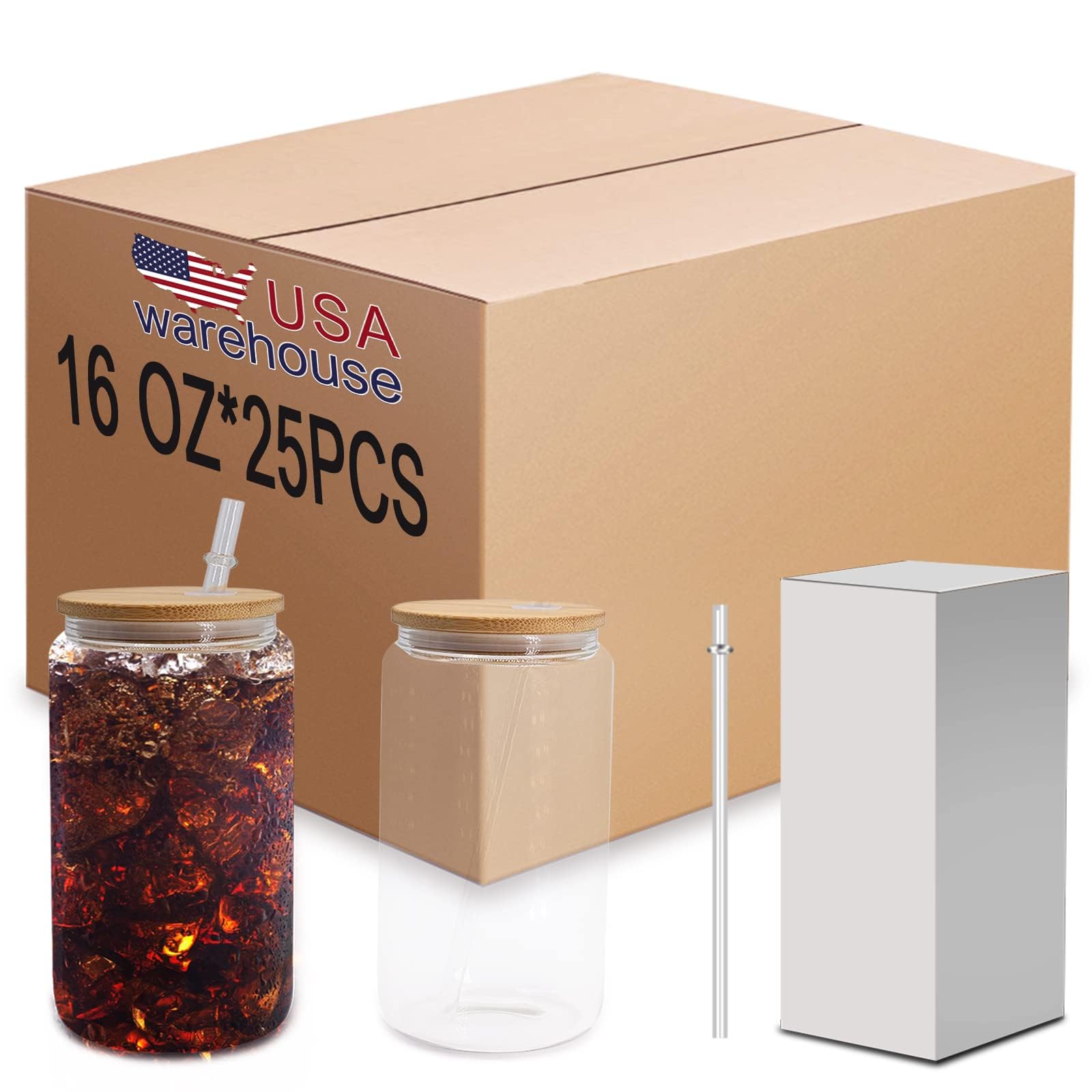 Paquete de 25 vasos de 16 onzas con tapas de bambú y popote, vasos de sublimación transparentes en forma de lata, vasos de cerveza, vasos de café helado, ideales para cóctel, whisky, regalo