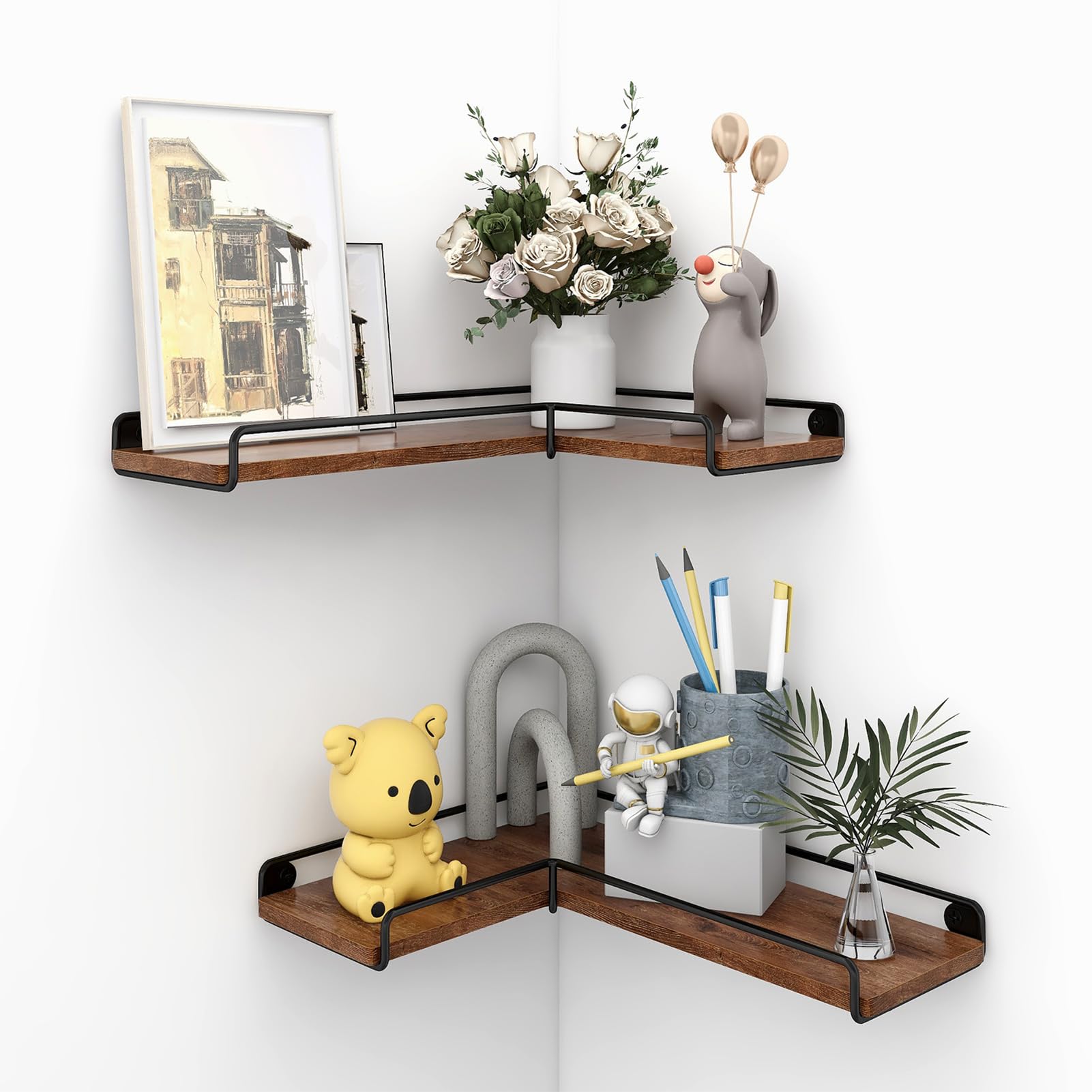 LN COZY CORNER Corner Floating Shelves Set of 2 Rustic Wooden Wall-Mounted L-Shaped Shelves with Metal Brackets Space-Saving Storage for Bathroom Living Room Bedroom Kitchen (Brown)