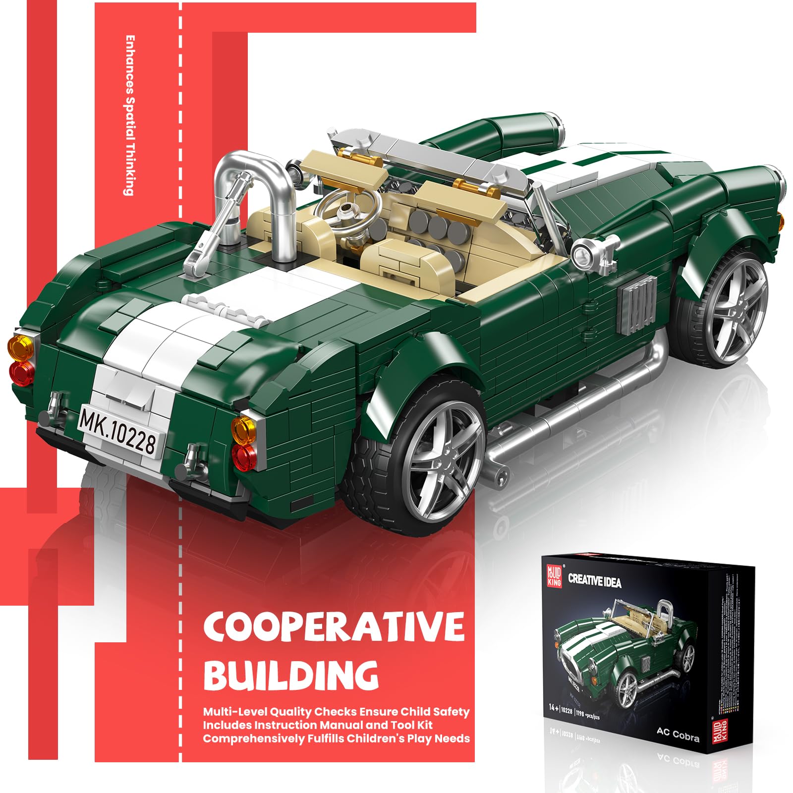 Mould King Juego de construcción vintage convertible, 1198 piezas, coche deportivo retro, juguete de construcción para adultos y niños a partir de 14 años, 10228
