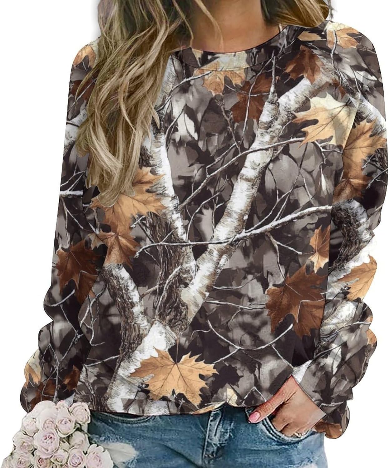 ZOCAVIA Womens Fall Crewneck Sweatshirts Fashion Casual Long Sleeve Pullover Tops Country Camo Maple Graphic Shirts Oversized
