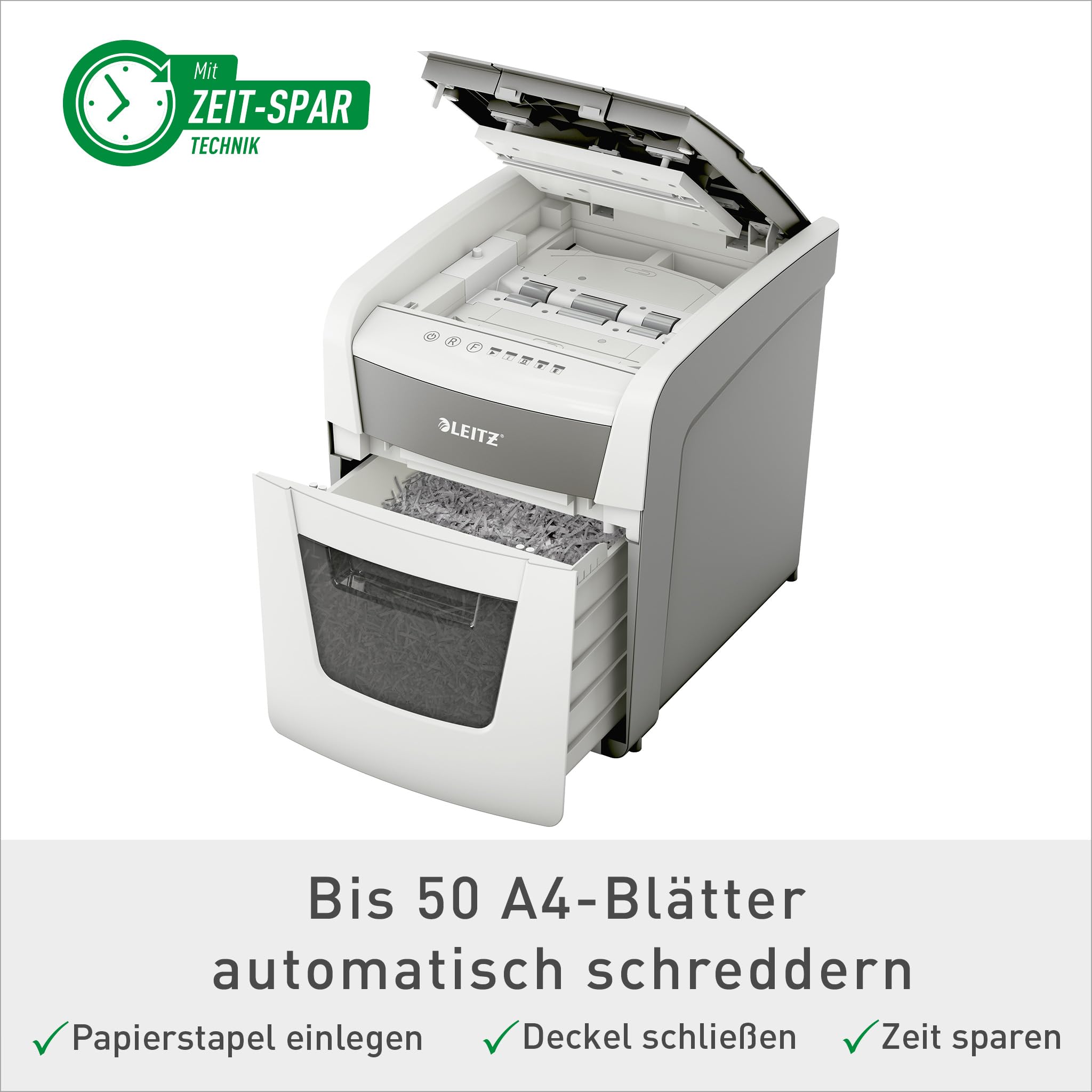Leitz IQ Autofeed Small Office Aktenvernichter, 50 Blatt Papierstapel schreddern, Zeit sparen mit automatischem Einzug, Partikelschnitt P4, 20L Abfallbehälter, Leiser Betrieb für Büro, 80350000