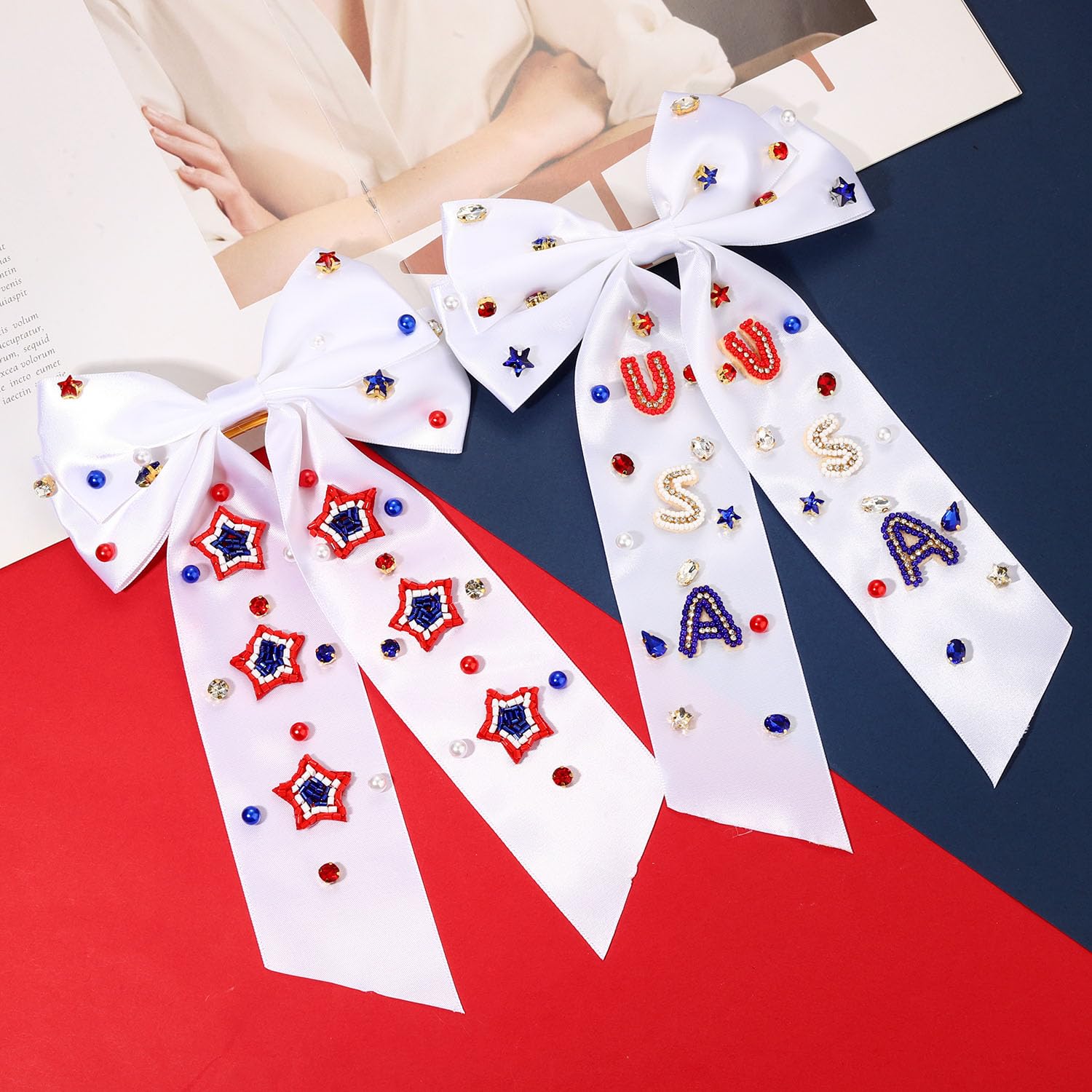 4th of July Accessories Hair Bows for Women Red White and Blue Silky Satin Hair Bows Jeweled American Flag Star USA Hair Bow Clips Fourth of July Patriotic Hair Accessories Outfits Party Favors Gifts - Image 3