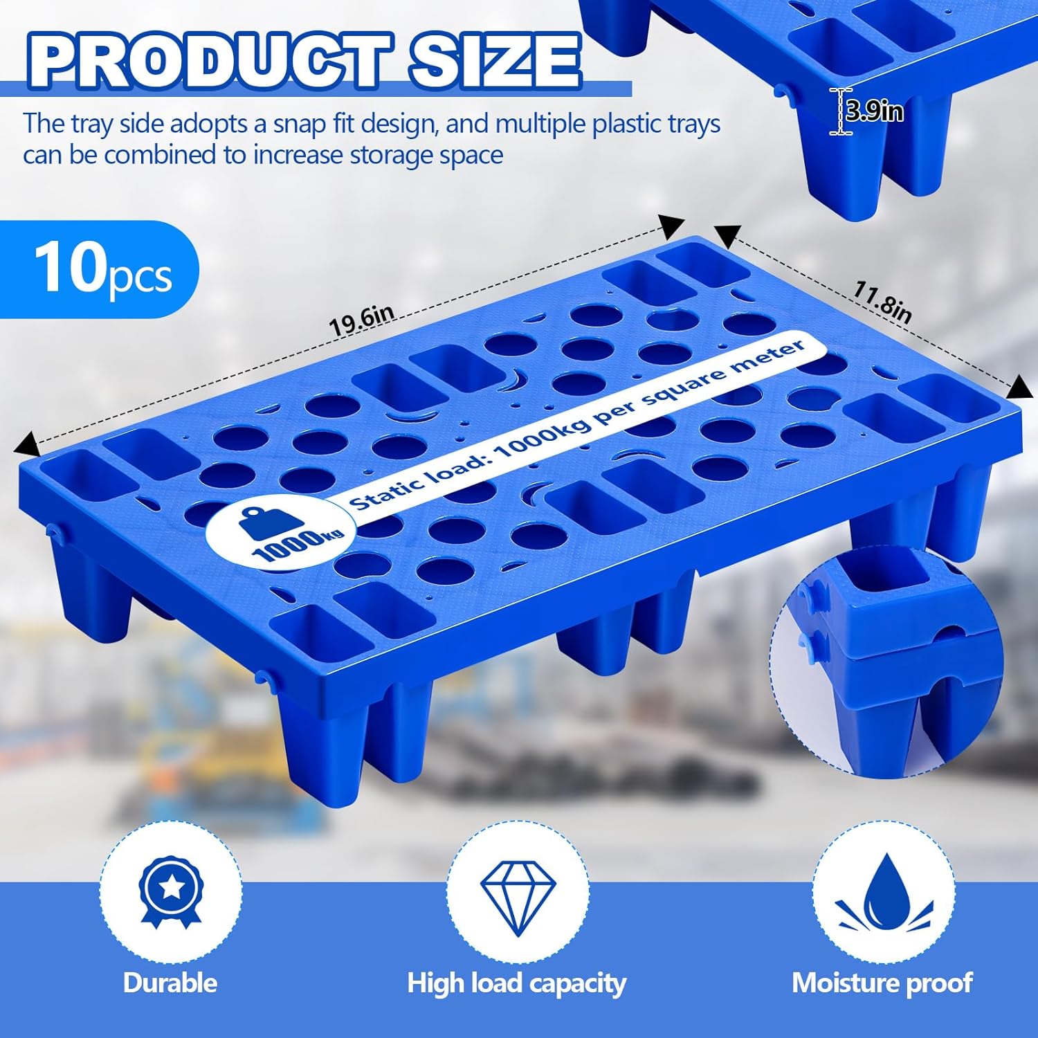 10 Pcs Plastic Pallets for Basement Storage Nestable Moisture Waterproof Lightweight Floor Pallets with Breathable Grid for Indoor Outdoor Supermarket Warehouse (19.6 x 11.8 x 3.9 Inch,Blue)