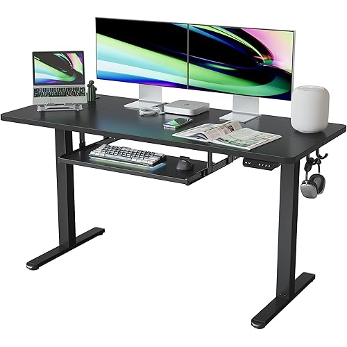 FEZIBO Standing Desk with Keyboard Tray, 55 × 24 Inches Electric Height Adjustable Desk, Sit Stand Up Desk, Computer Office Desk, Black