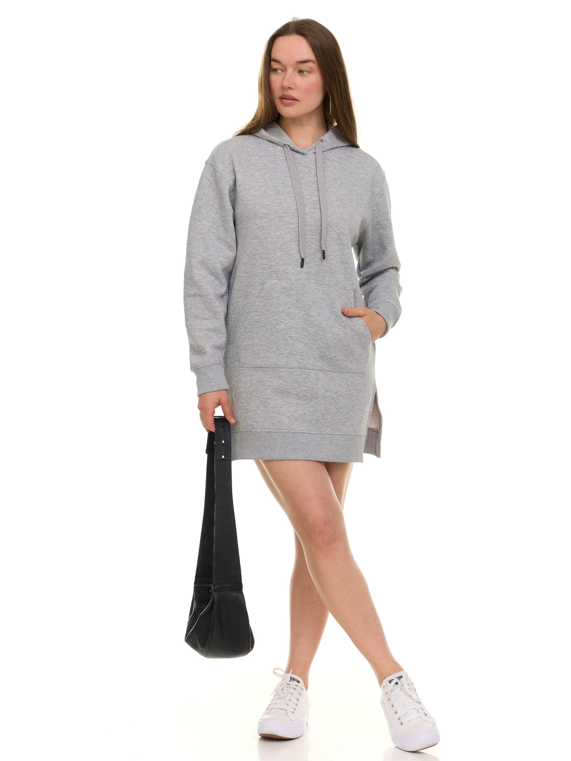 Hoodie Dress for Women – Trendy Pullover Long Fleece Oversized Sweatshirt Dresses for Women 2025 with Pockets, Split Hem Grey