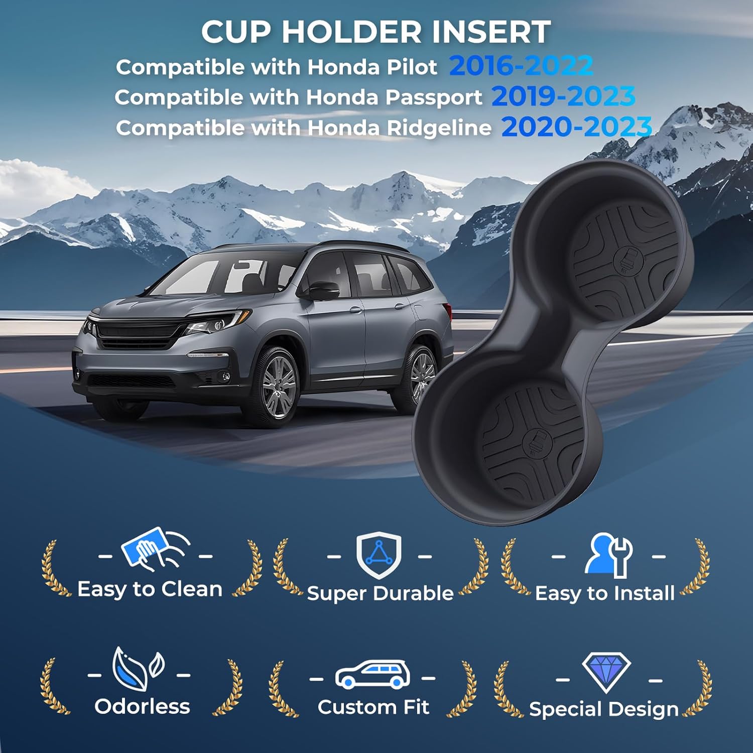 Center Console Cup Holder Inserts for Honda Pilot 2016-2022 & Passport 2019-2023 & Ridgeline 2020-2023, Interior Accessories TPE Car Cup Holders Covers Protector, Black