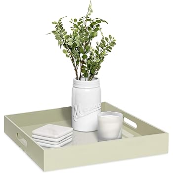 Amazon Com Best Choice Products 16in Square Glossy Modern Decorative Serving Tray Home Accessory Coffee Table Accent Organizer W Handles Beige Kitchen Dining