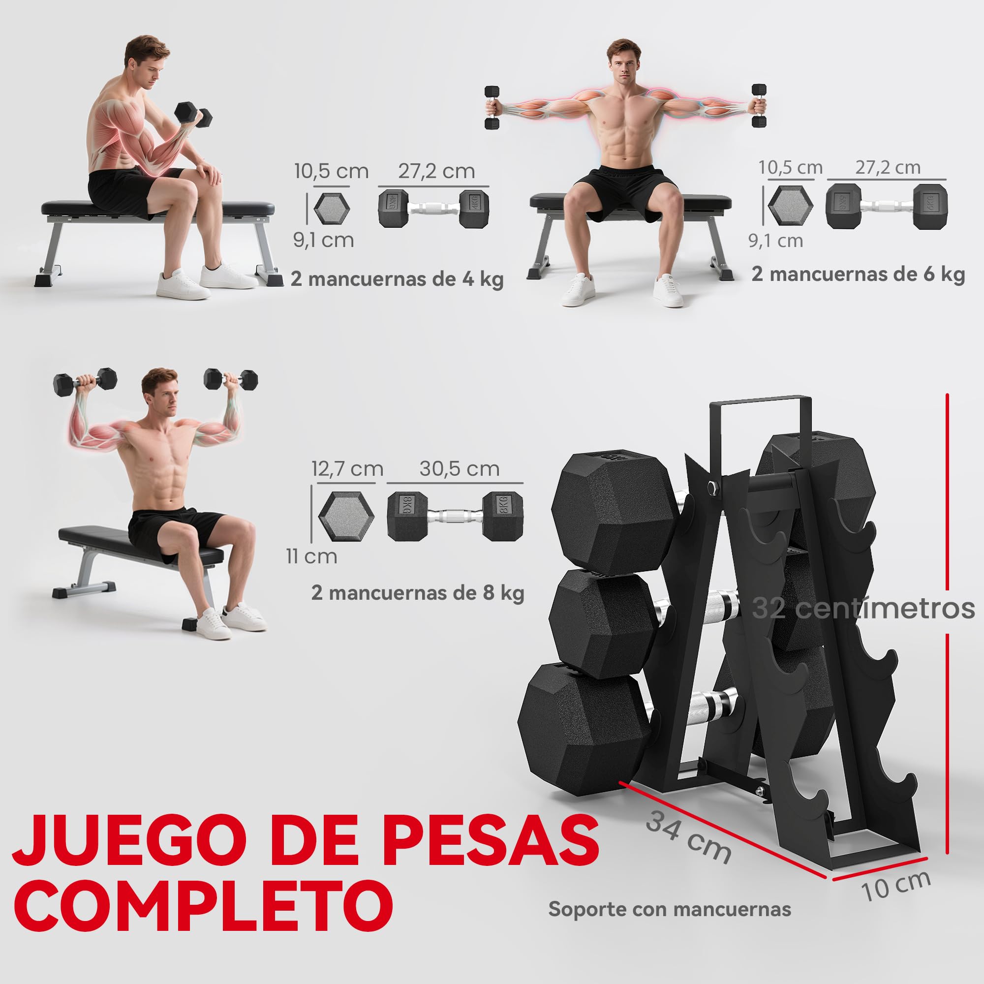 SPORTNOW Juego de Mancuernas de 6 Piezas 30 kg/36kg, Mancuernas Hexagonales2x2kg-2x8kg, con Soporte de Almacenamiento y Mango Antideslizante para Entrenamiento en Casa Gimnasio, Negro
