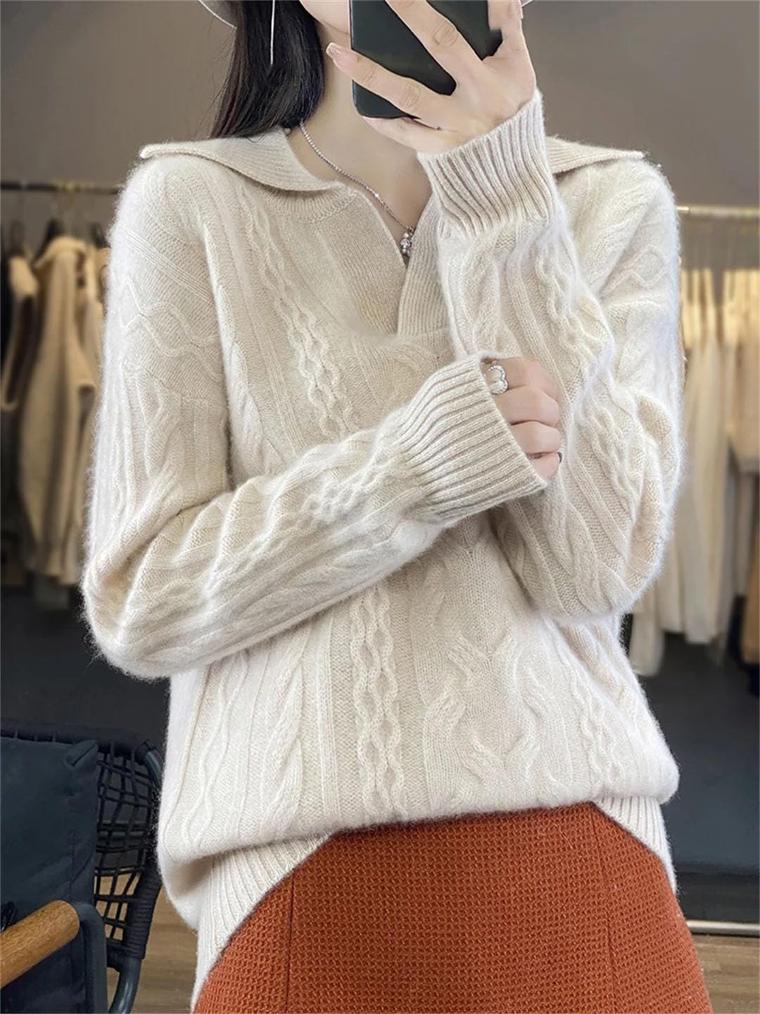 Maglione da donna Inverno Fiore Intrecciato Girare giù Collare Pullover Lana Merino Spessore Femminile Maglione Maglieria Top