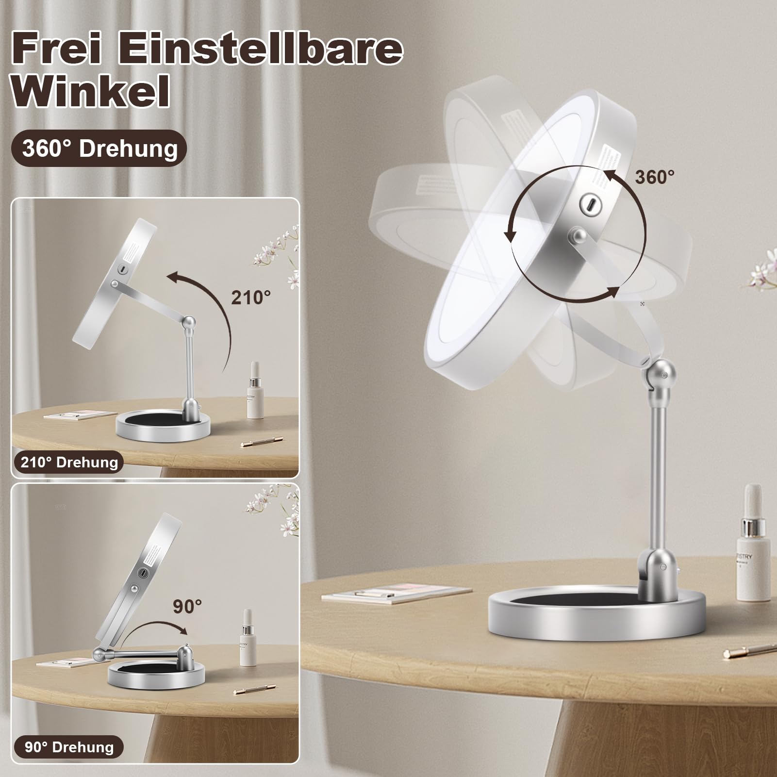 Lusterko Kosmetyczne z Oświetleniem LED, Powiększenie 1X/5X, 3 Kolorowe Światła, Ładowanie USB, Obrotowe 360°, Lustro Stołowe