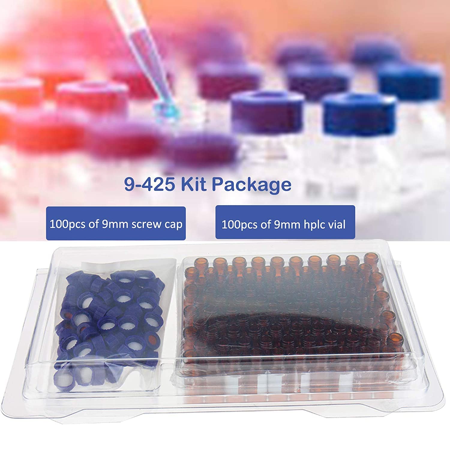 ALWSCI Fiale HPLC da 2 ml Fiale di Vetro, Fiale per Autocampionatore da Laboratorio Ambra, 9-425 Fiala Ambra, Tappo a Vite blu con Foro, Setti in Silicone Bianco PTFE e Rosso, 100 pz