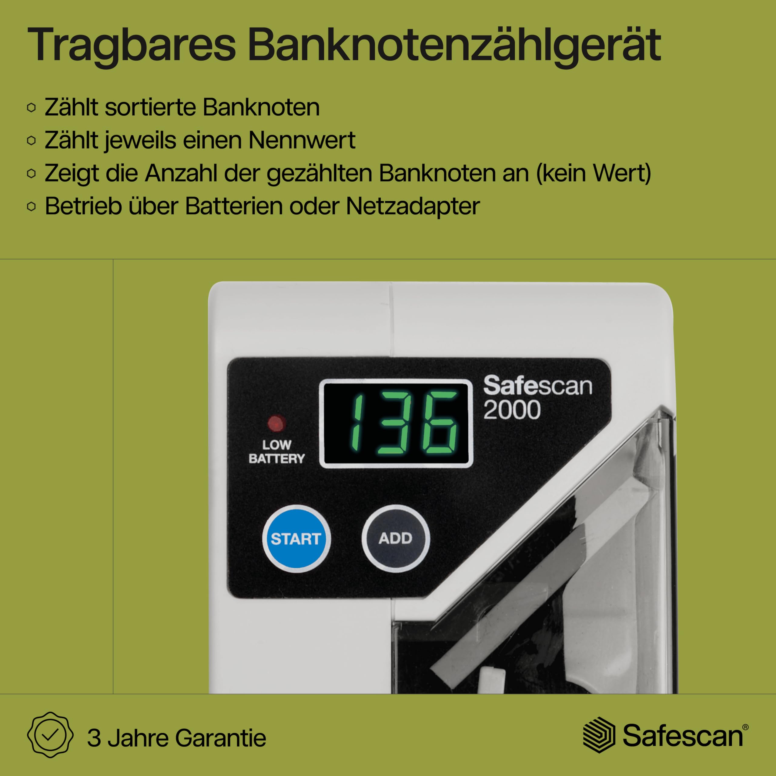 Safescan 2000 Tragbare Geldzählmaschine, zählt sortiert Geldscheine - Banknotenzähler für unterwegs - zählt sortierte Banknoten aller Währungen