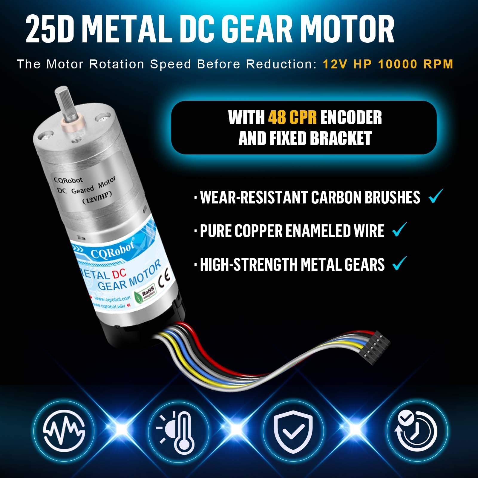 CQRobot 98.78:1 HP Metal DC Geared-Down Motor 25Dx68.5L mm 11W/12V with 48 CPR Encoder and Fix Bracket. 100 RPM/21 kg.cm (292 oz.in), D-Shaped Output Shaft 4 mm/12.5 mm (Diameter/Length).