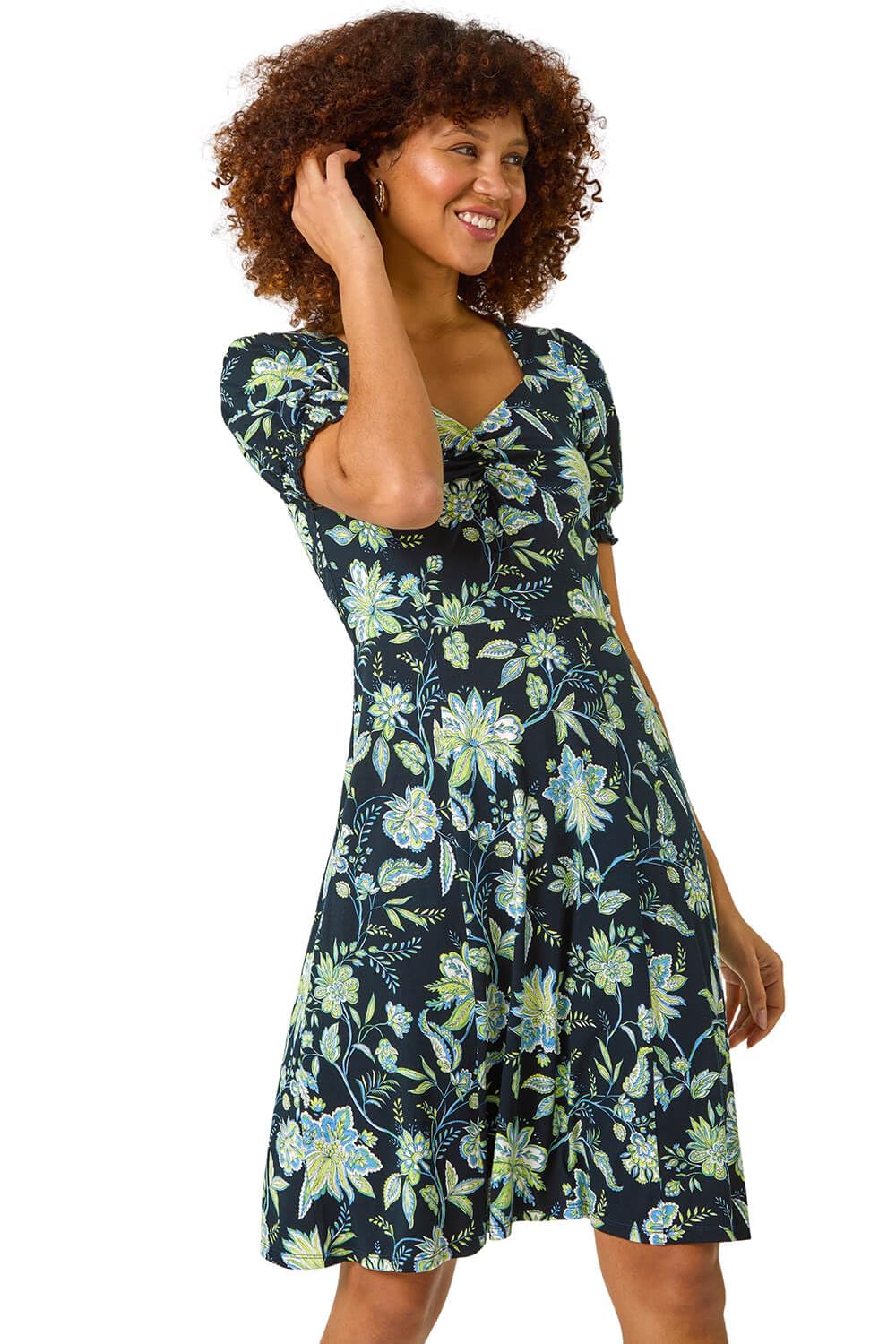 Roman Floral Print Dress for Women UK Ladies Sweetheart Neck Ruched Midi Maxi Long Length Short Sleeve Flattering Casual Summer Spring Party Evening Going Out - Floral Lime - Size 10