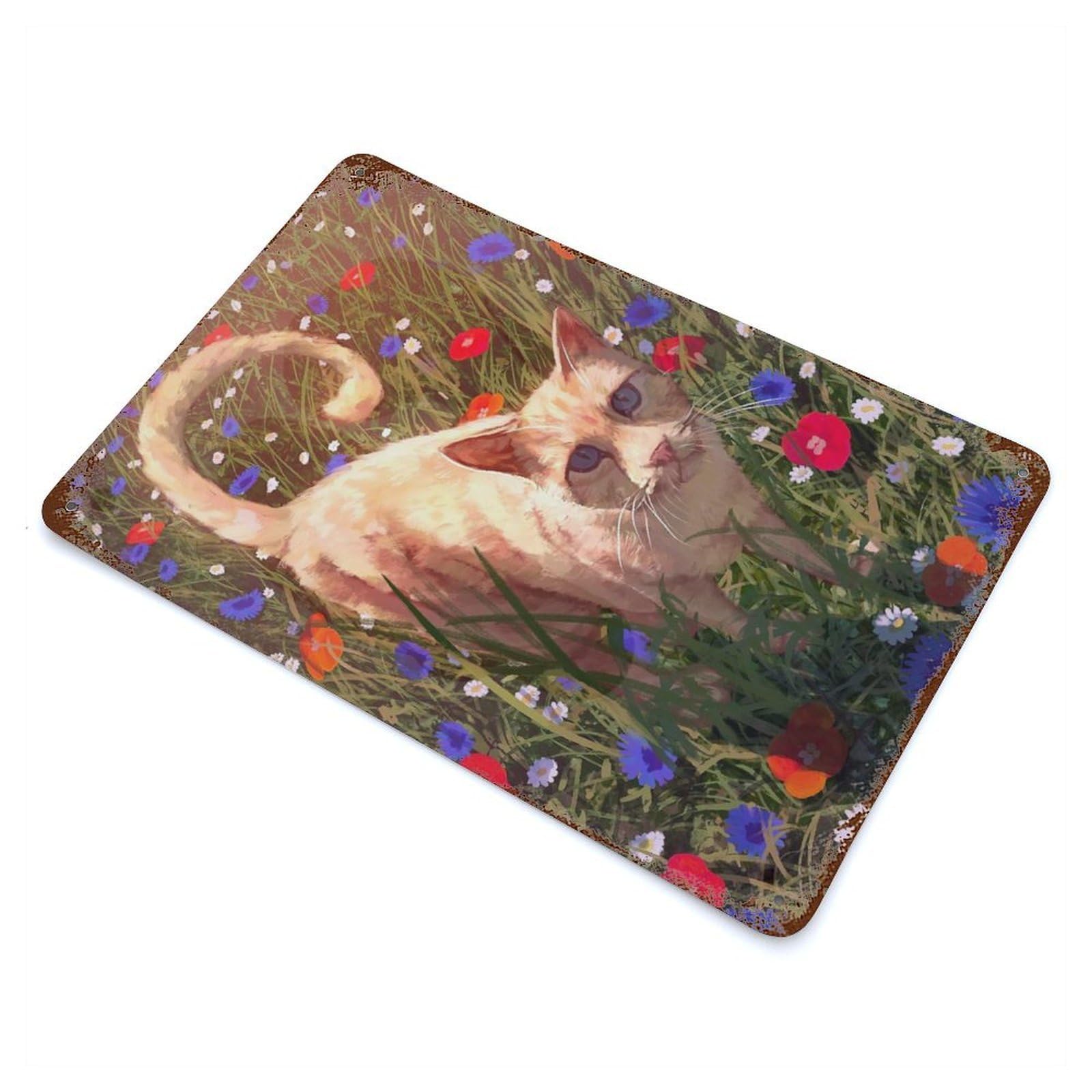 Rustic Tin Plaque Cat in A Field of Flowers 11.8"x7.9", Rustic Home Decor for Office, Studio And Wall Decor