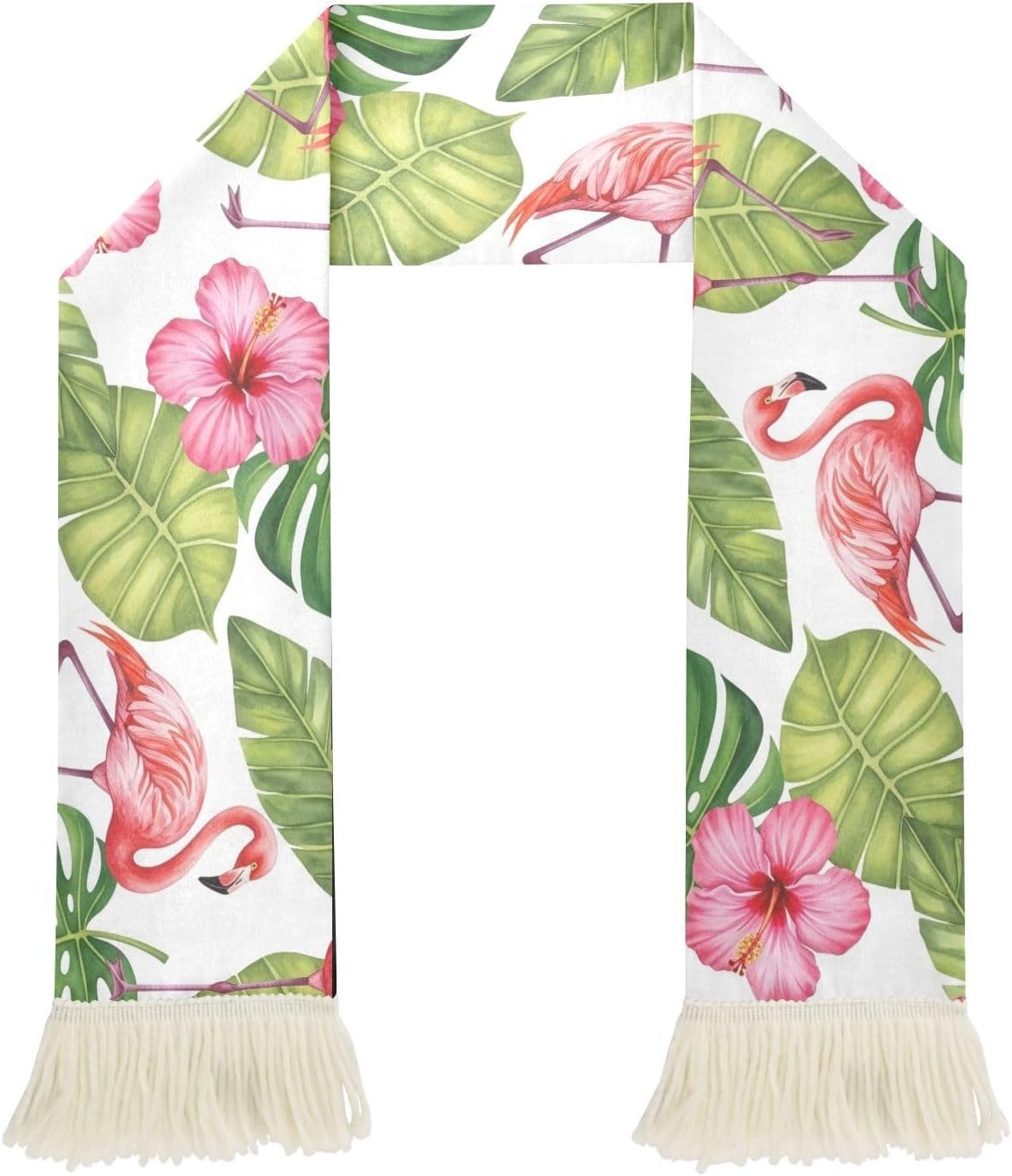 CHIFIGNO Tropical Flamingo White Sports Fan Scarf Towel, 100% Polyester Quick Dry Cheering Scarf for Soccer Games, Soft Absorbent with Fringe Ends