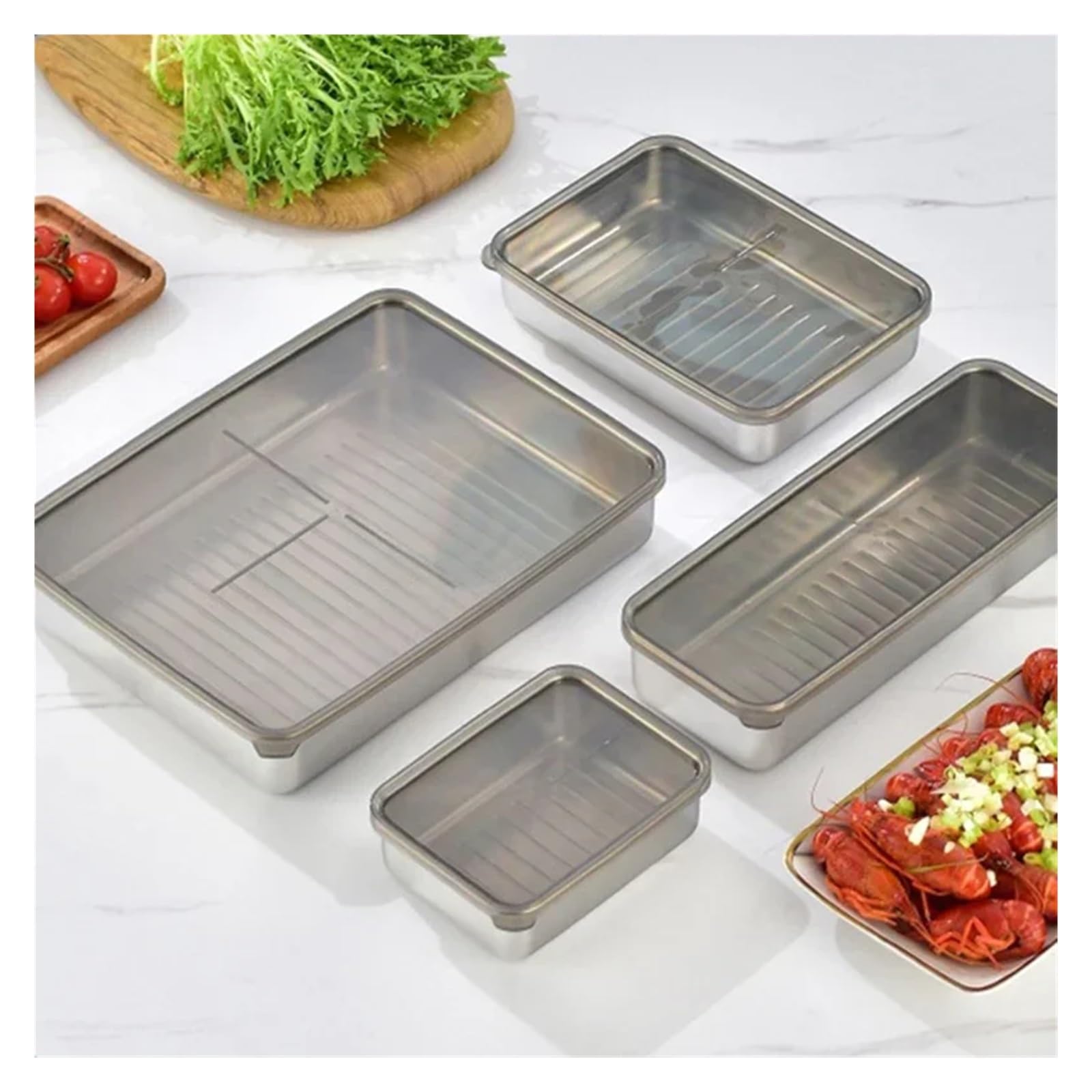 Contenitori per Alimenti Vassoio for Alimenti in Acciaio Inossidabile 304, Contenitore for Alimenti freschi con Coperchio sigillato, Organizer for Alimenti congelati(1200ML)