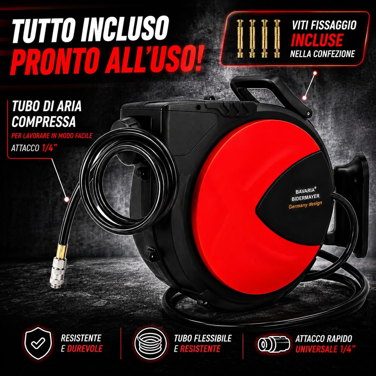 Avvolgitubo Aria Compressa Automatico 20+2 Metri 20 Bar 290 PSI Attacco Rapido 1/4" Avvolgitore Tubo Compressore Orientabile 180° da Parete per Officina Garage