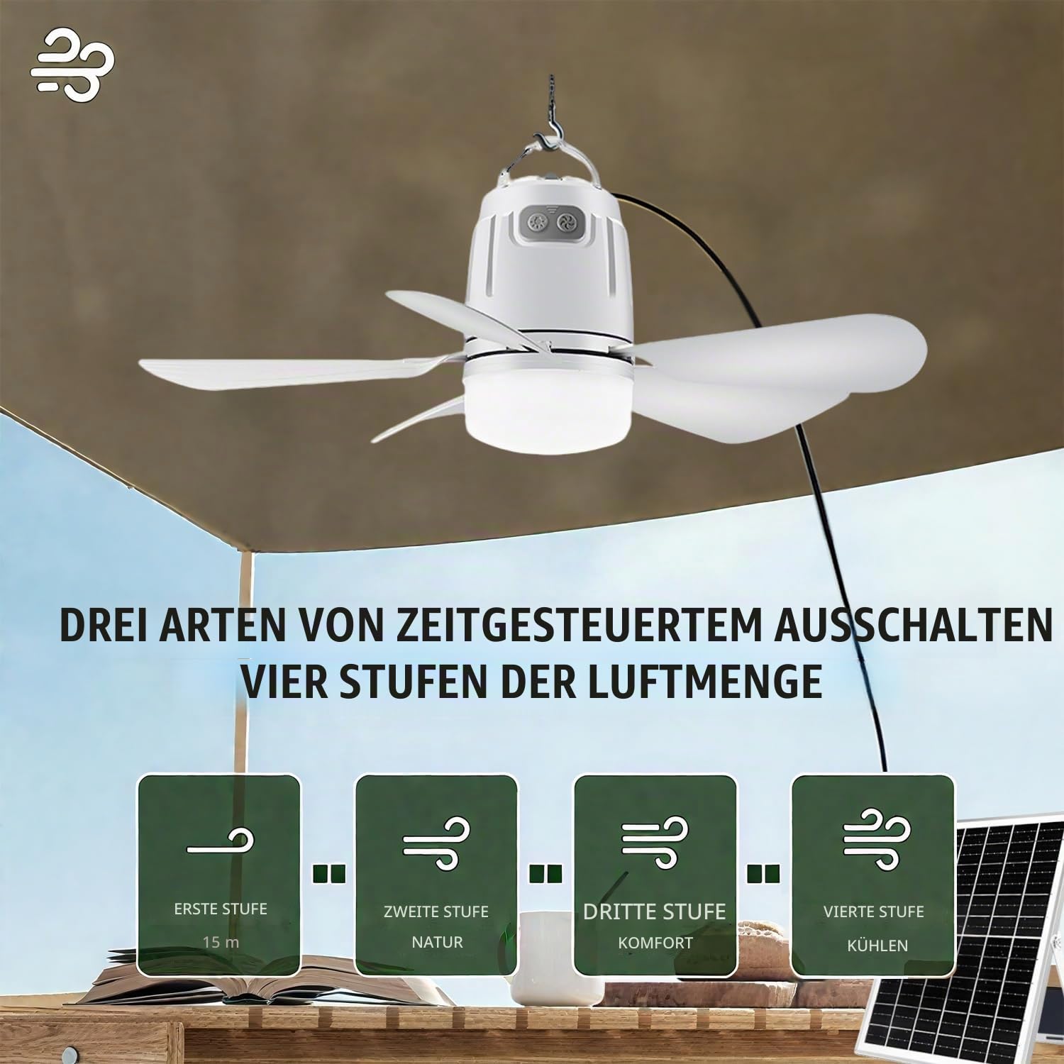 Solar Deckenventilator mit Beleuchtung Akku 20000mAh Ventilator mit Deckenleuchte LED Dimmbar Ventilatorlicht mit Fernbedienung Aufhängehaken Fan Deckenlampe für Terrasse Balkon Schirm Garten Outdoor