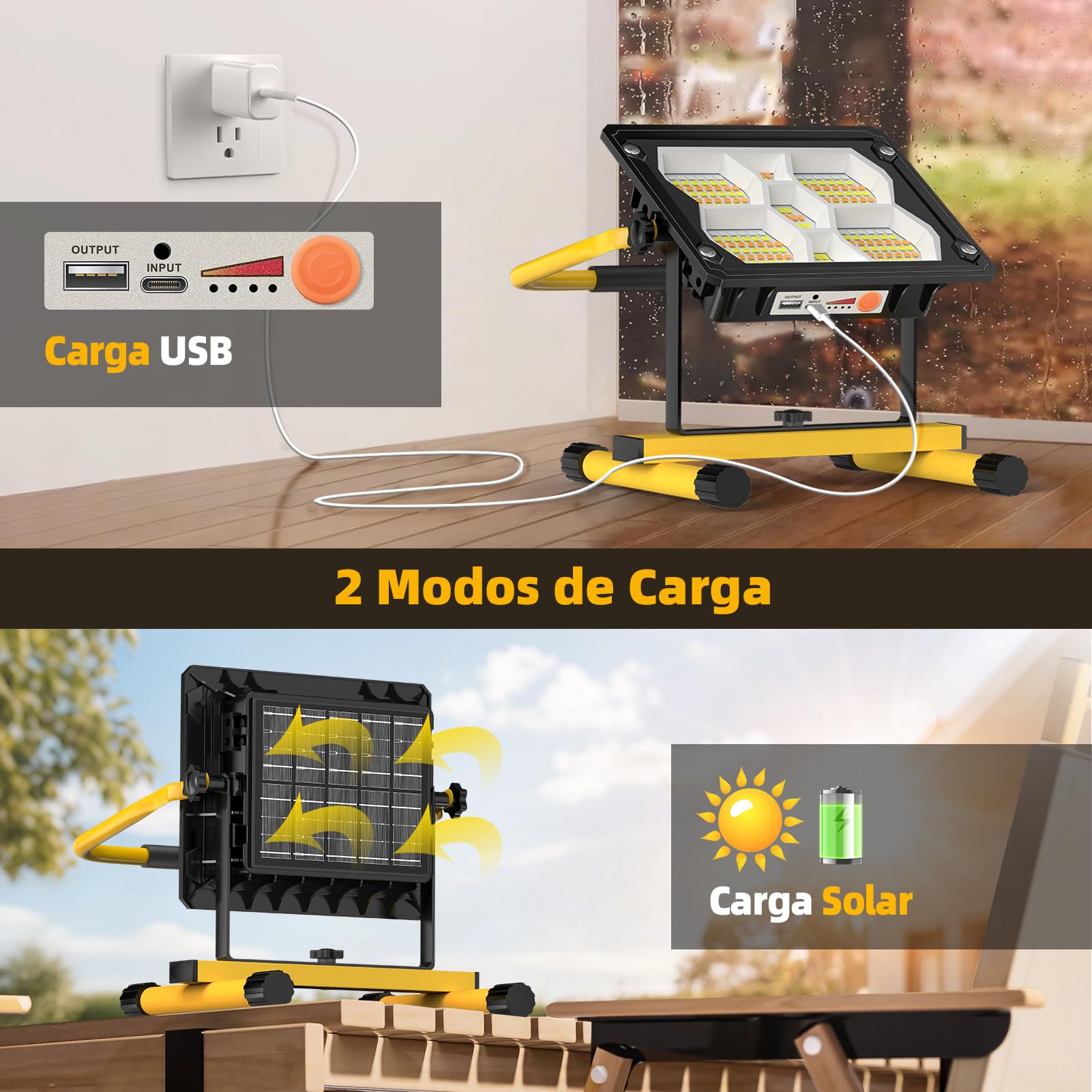 Sararoom Foco LED Recargable, 100W Luz de Trabajo Portátil 5 Modos, Banco de Energía, Focos para zonas de trabajo Solar, IP65 Impermeable Reflector Exterior para Camping Jardín Pesca Garaje Emergencia