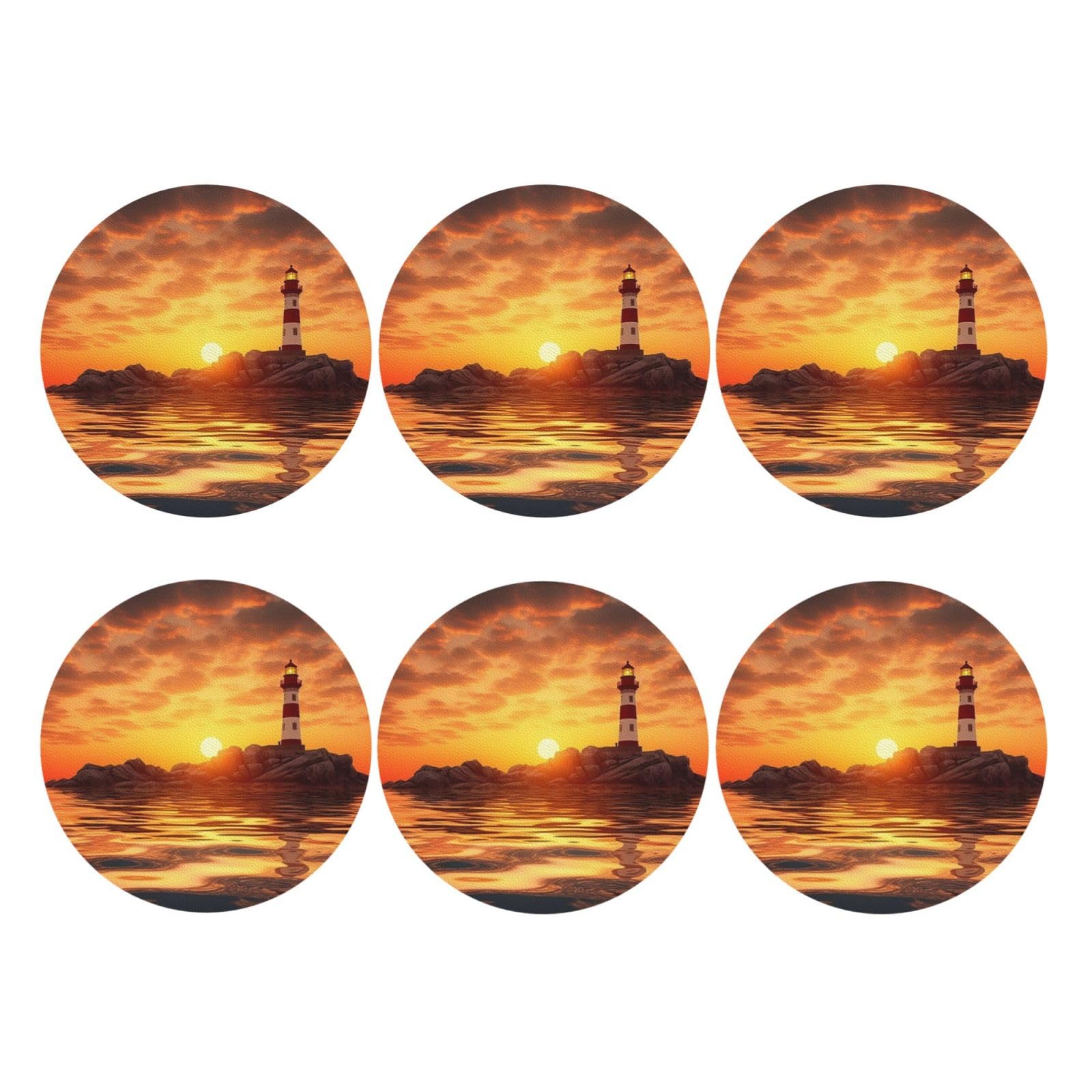 6pcs Leather Coasters for Drinks, Sea Lighthouse in Sunset Drink Coasters for Tabletop Protection, 4" Cup Coasters for Coffee Table Decor, Non-Slip Drinking Cup Mat for Hot Or Cold Drink