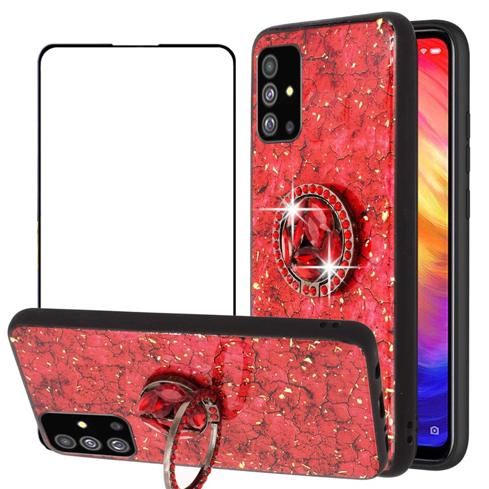 BTShare for Samsung Galaxy A51 (4G Version) Case & Tempered Glass Screen Protector, Luxury Bling Glitter Crystal Kickstand Rubber Bumper Shockproof Cover for Girls & Flexible Ring Holder, Red