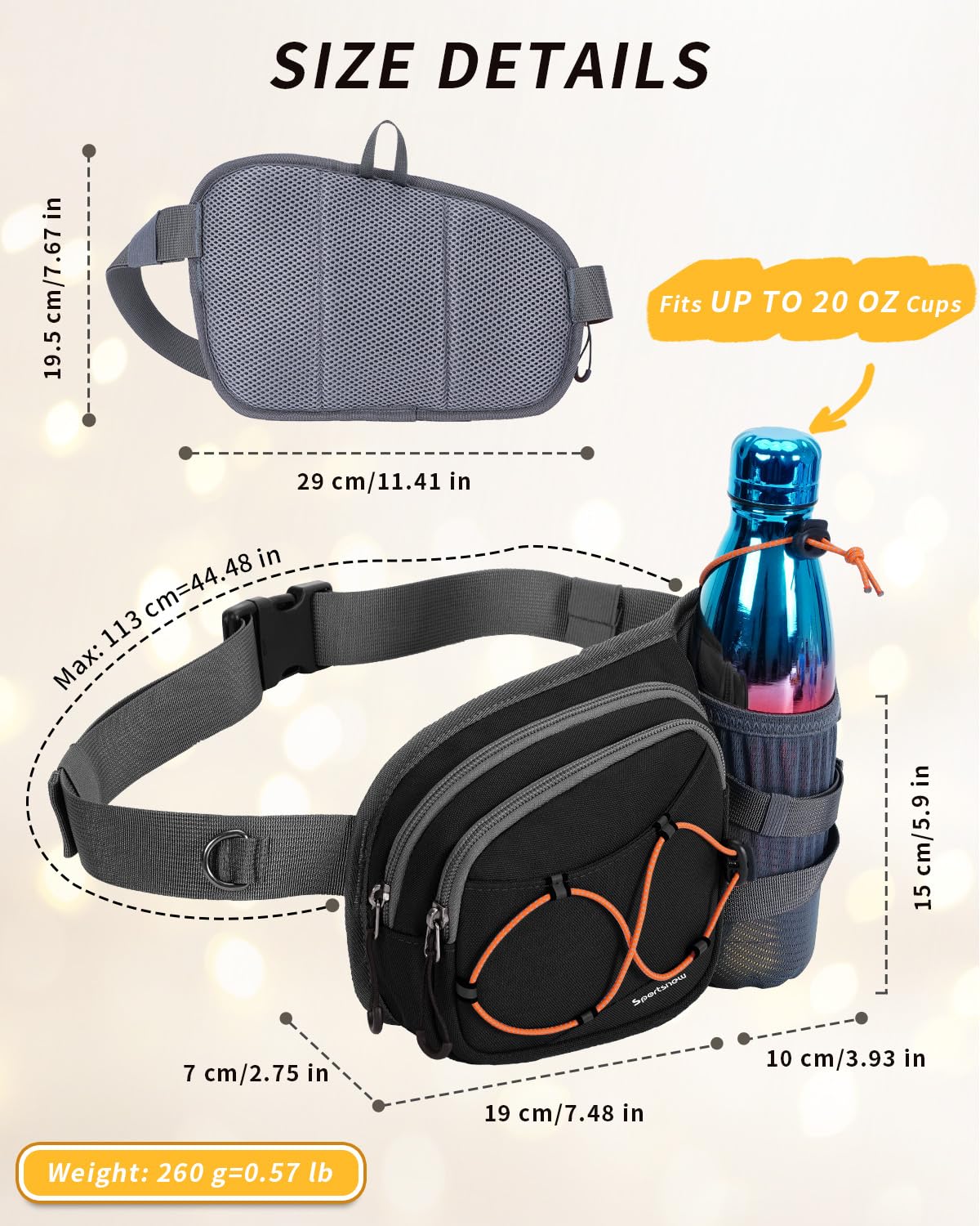 Sportsnew Bauchtasche mit Flaschenhalter 2L, Leichte Hüfttasche Wasserabweisend Damen und Herren, Atmungsaktiv Sport Hüfttasche für Radfahren Camping Klettern Reisen Wandern Joggen Hundetraining