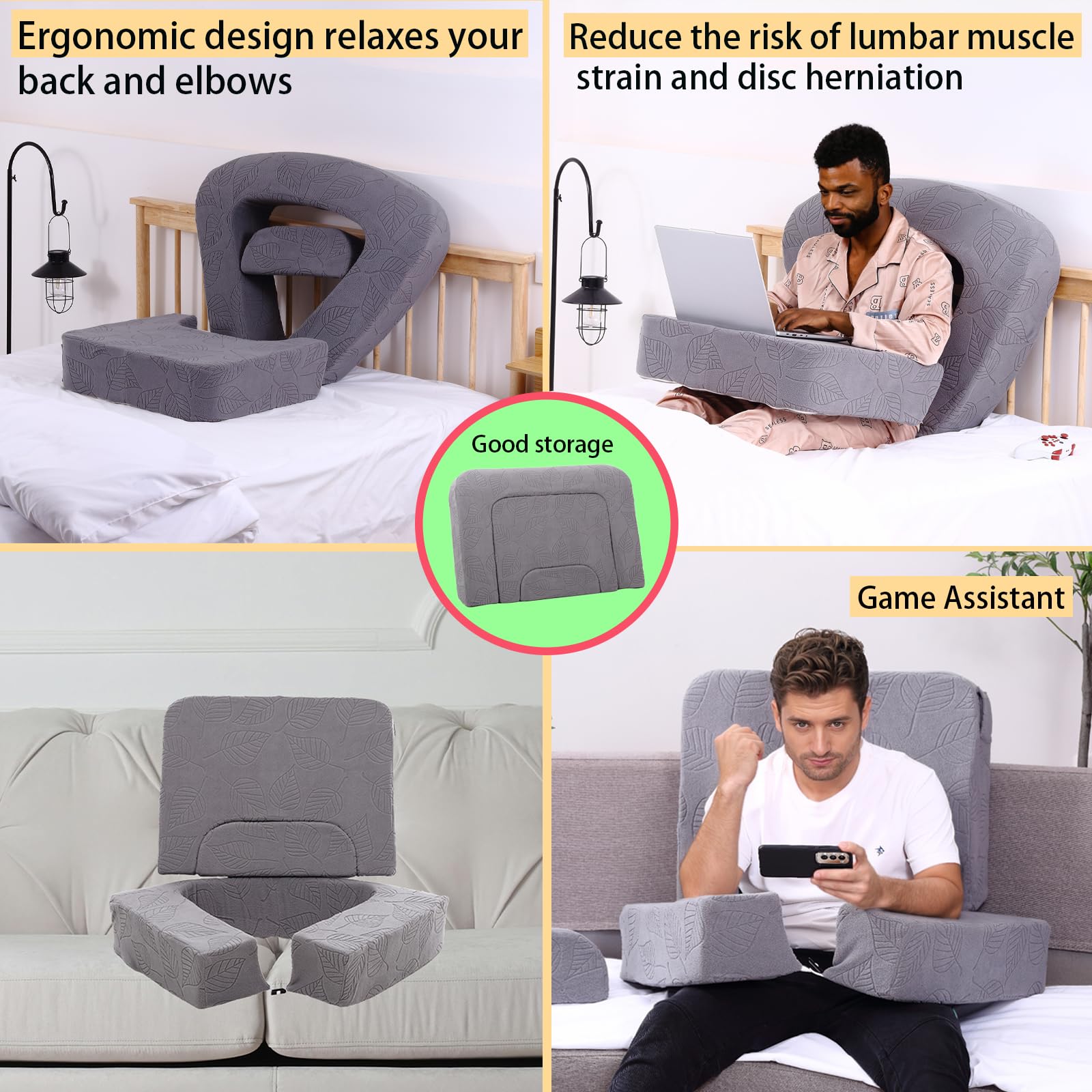 Opuvidity Reading Pillow for Gaming?Laptop Desk for Couch?Reading & Bed Rest Pillows,for Working.Crocheting.Playing Gaming or Sitting in Bed CouchAdjustable 3-Piece Set Dark Gray