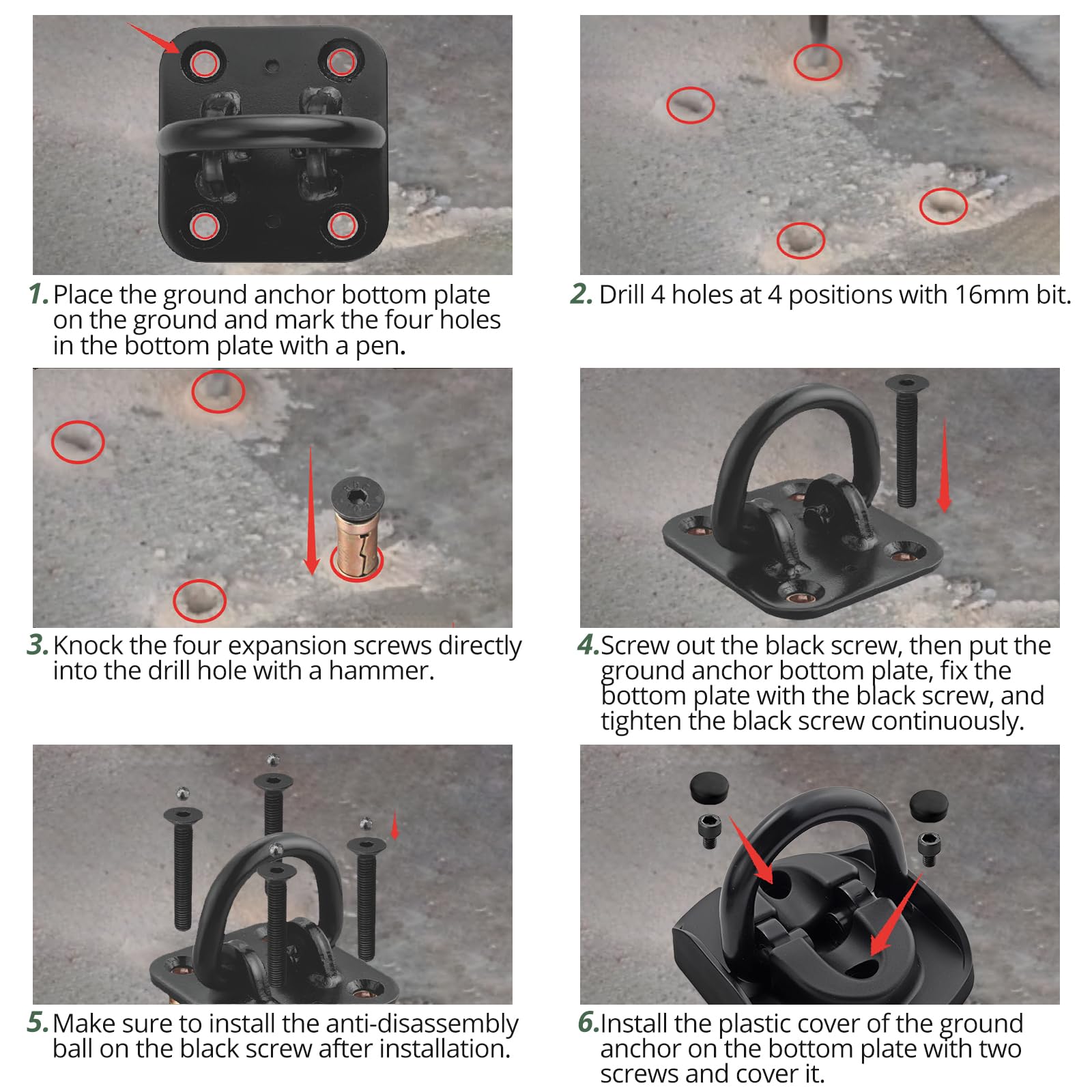 EYPINS Anclaje de suelo para motocicleta con broca, ancla de cadena de pared de acero para bicicletas, cerradura de motocicleta de seguridad premium con 4 pernos para bicicletas, motocicletas y