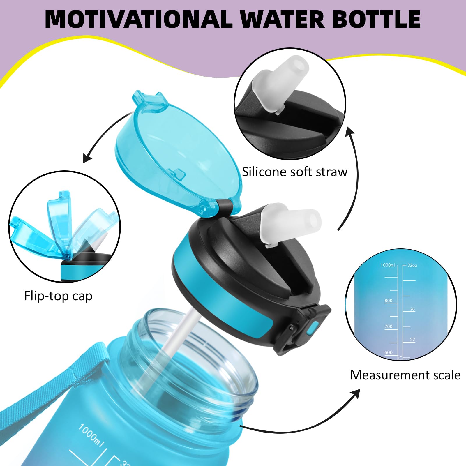 Mujigaga Gourde 1l, Anti Fuite Gourde Sport avec Marqueur de Temps, Facile à Nettoyer, Gourdes avec Paille, Verrou de Sécurité, Bouteille d'eau Motivationnelle pour Fitness, Bureau, Yoga, Extérieur - 3