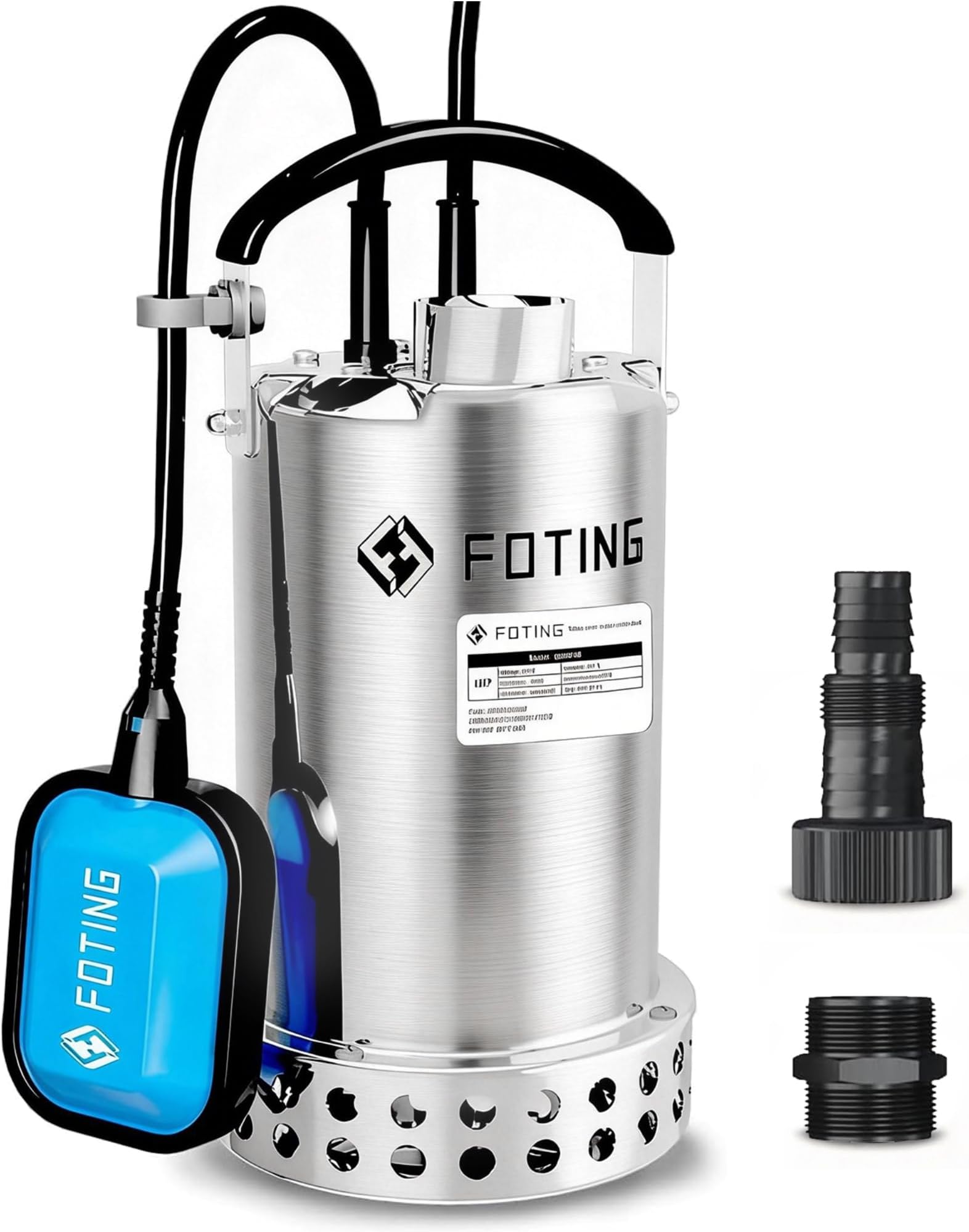 FOTING Full 304 Stainless Steel Sump Pump with Float Switch - 1HP 4600GPH Automatic Submersible Water Pump Fast Water Removal in Pools, Basements, Sewage, Hot Tubs Heater Flush Pit, ponds w/ 10FT Cord