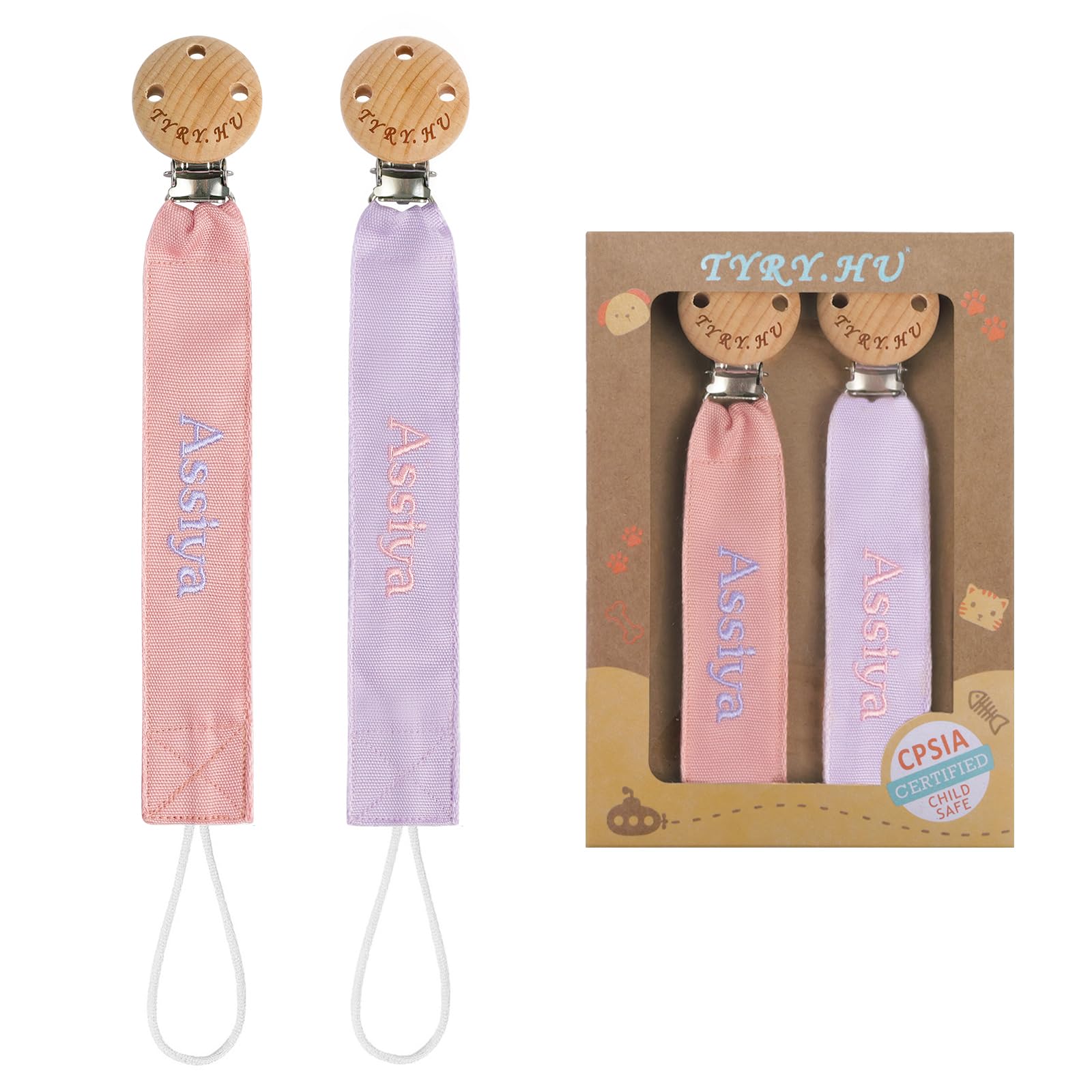 TYRY.HU Personalised Dummy Clips Boys Girls 2Pack Pacifer Chain Holder Set Soft Webbing DIY Customized Name Unisex Newborn Universal Dummies Baby Shower Pink+Violet โ image 1