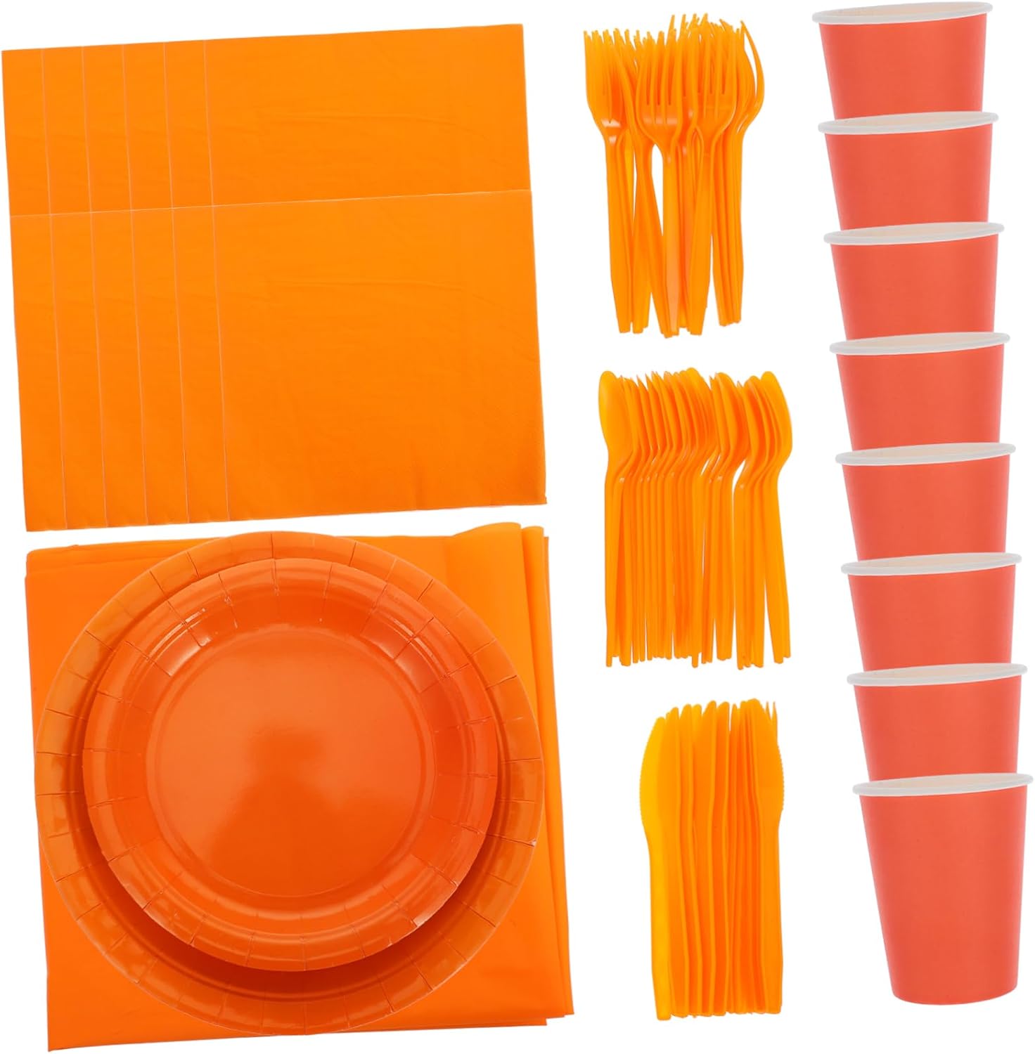 Alipis 1Set Bright Orange Party Tableware with Paper Plates Cups Napkins Cutlery and PE Tablecloth for Birthdays Weddings Picnics and Gatherings