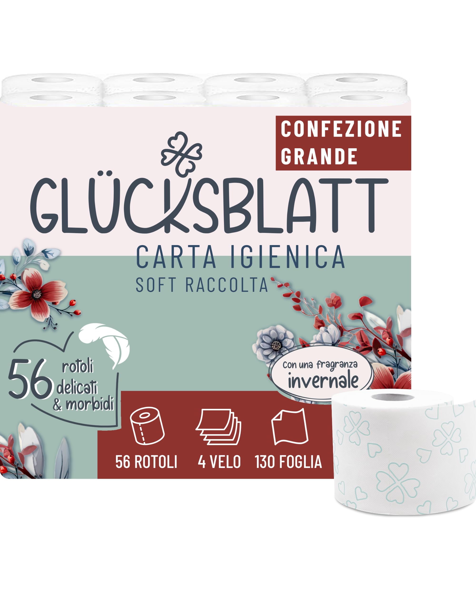 Glücksblatt Carta Igienica Vellutata Bianca al Profumo di Vaniglia, 4 Strati, 56 Rotoli x 130 Fogli, 100% Cellulosa, Super Morbida con Motivi Stampati Fortunati, Confezione da 56 Rotoli