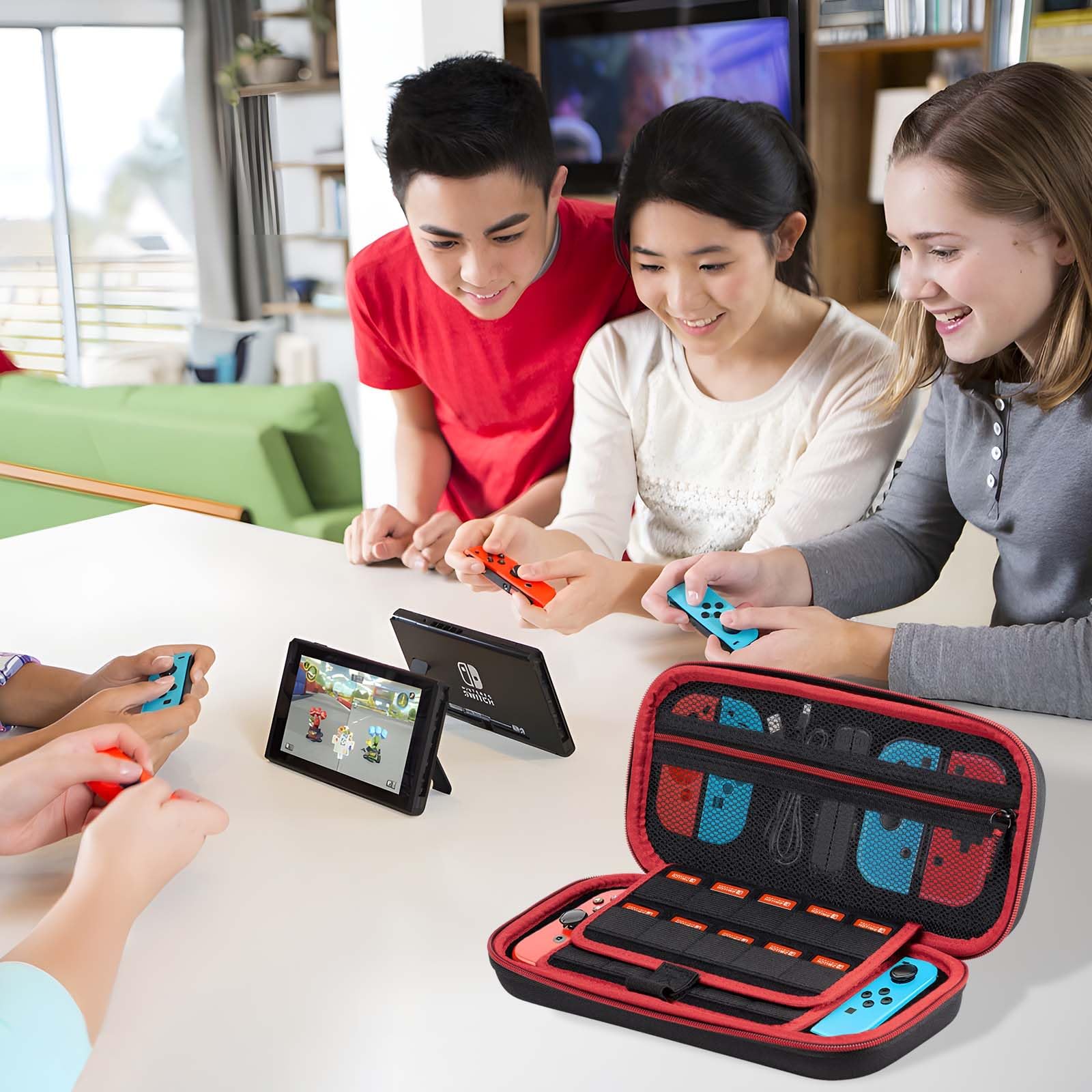 Carehabi Etui kompatybilne z Nintendo Switch i New Switch OLED, twarde etui OLED, z miejscem do przechowywania kaset z 19 przełącznikami, czarne, czarny, organizer kieszonkowy