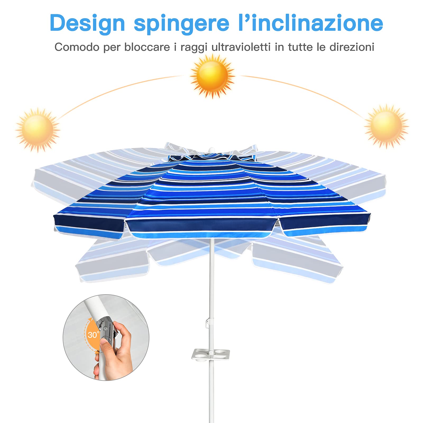 COSTWAY Ombrellone da Spiaggia 200 x 220 cm, Ombrellone da Mare con Inclinazione Regolabile, con Vassoio, 8 Stecche, Protezione UV, Impermeabile, Borsa di Trasporto (Blu Navy)