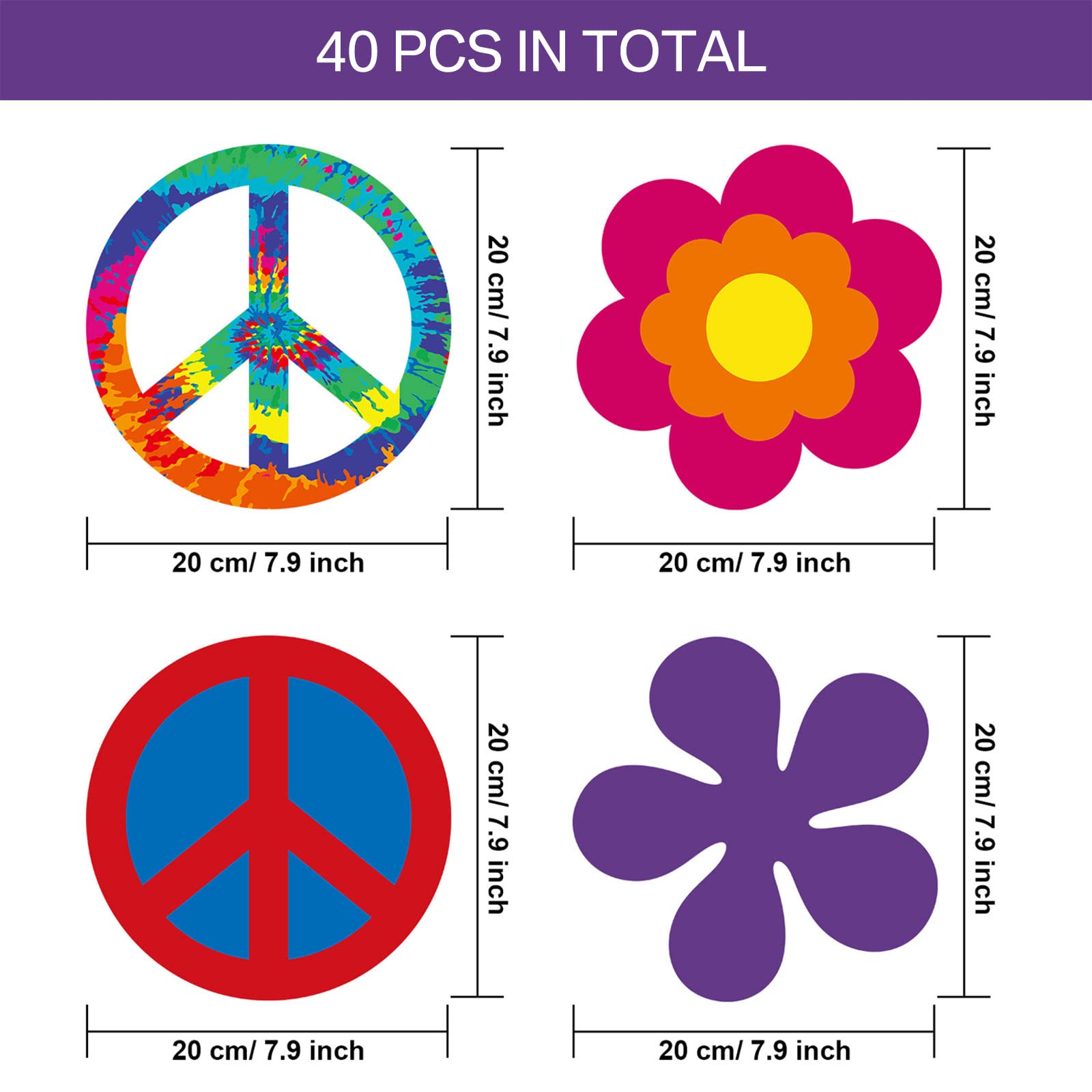 Faccito 40 Pieces 60's Party Cutout 60's Groovy Party Cutouts Decoration Retro Flower Cutouts Peace Sign Cutouts with Glue Point Dots for 60s Theme Party Decorations, 7.9 x 7.9 Inch