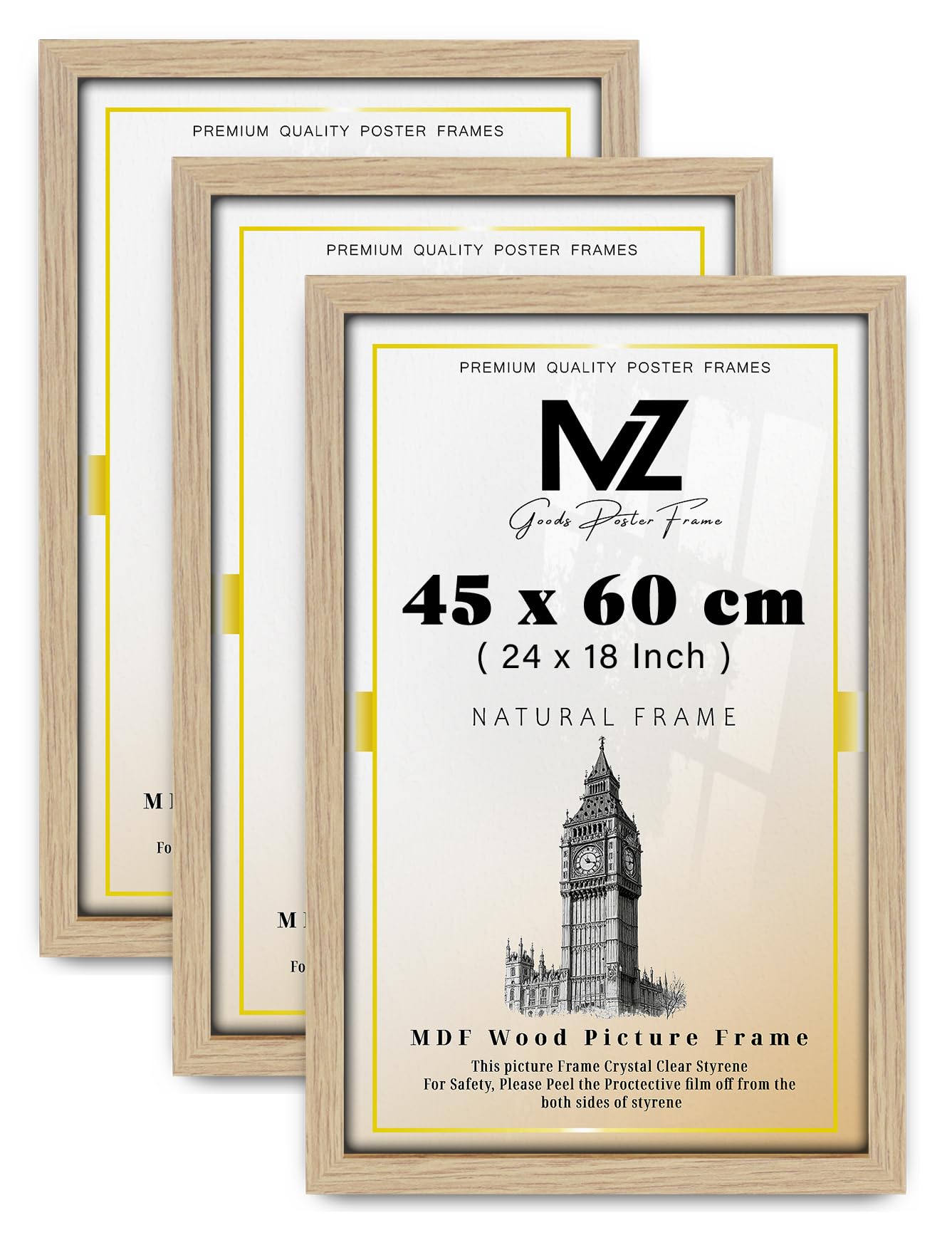 MZ GOODS pack of 3 MDF Poster Frame (45 x 60 CM) 18" x 24" for Home Interiors, Premium MDF Wood Finish, Secure Hanging Hooks for Mounting [ Oak ]